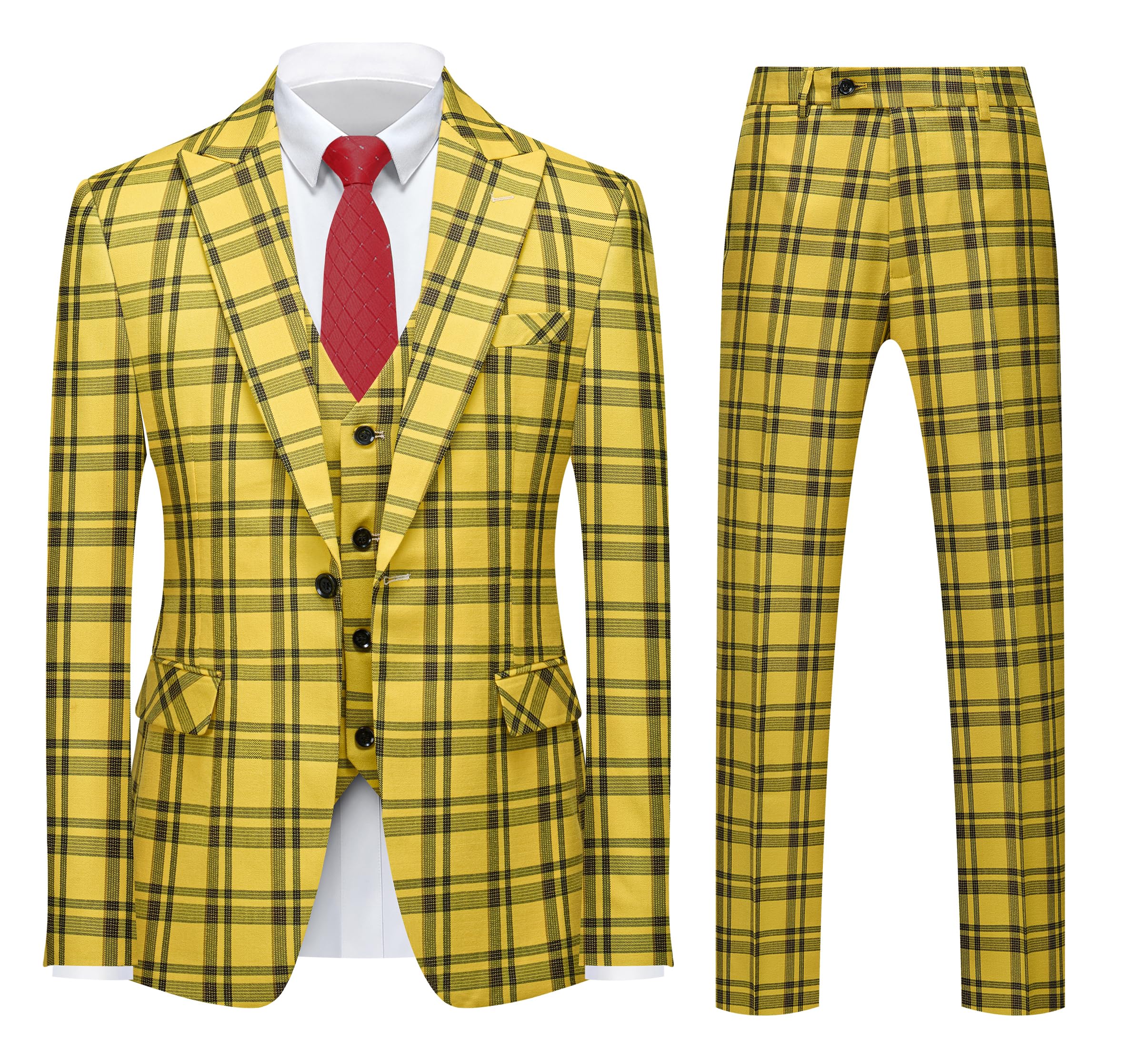 MOGU Mens 3-Piece Slim Fit Plaid Suit - Blazer, Vest, and Pants Set for Wedding Prom Casual, Yellow, L