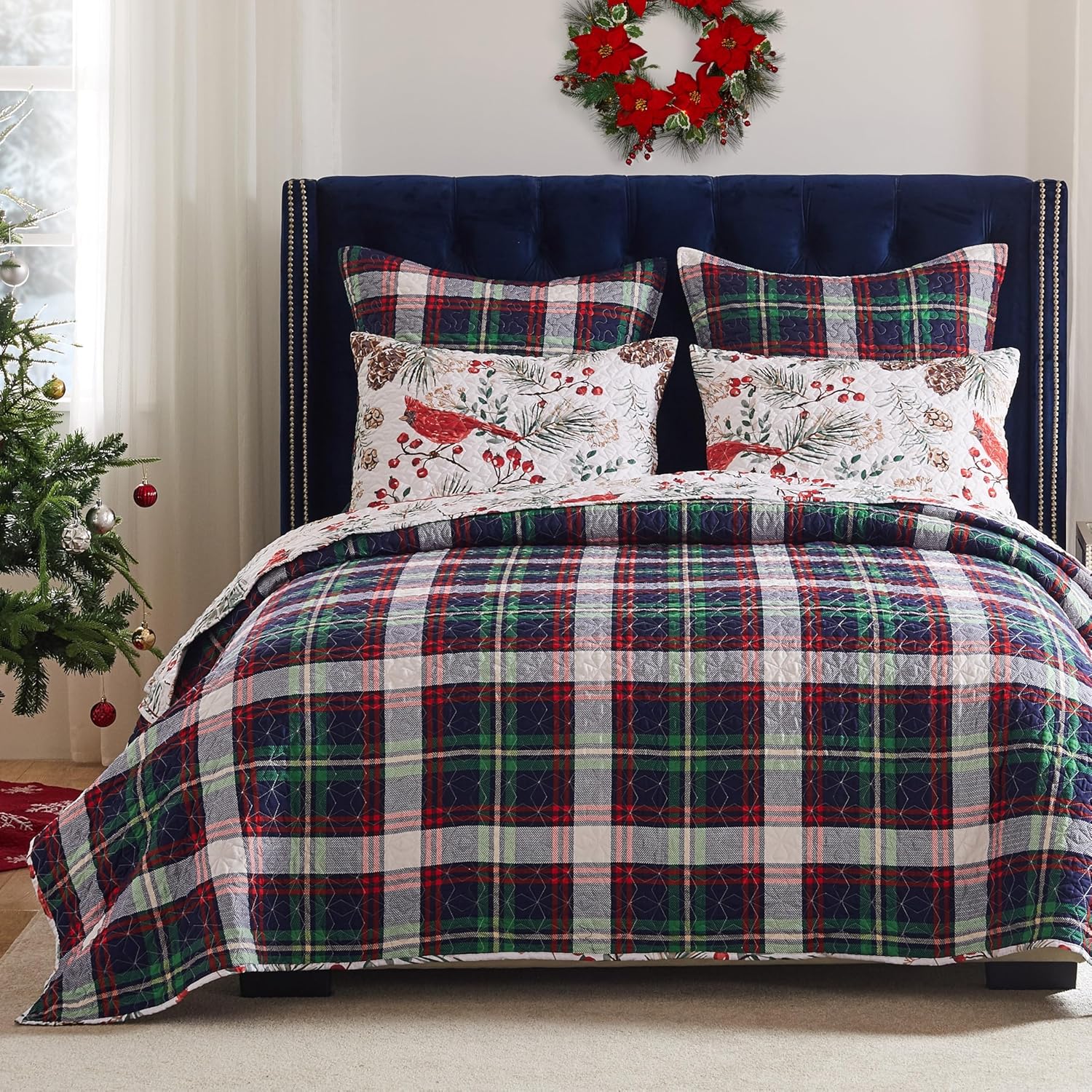 Greenland Home Cardinal Plaid Winter Wonderland Reversible Quilt Set, 3-Piece Full/Queen