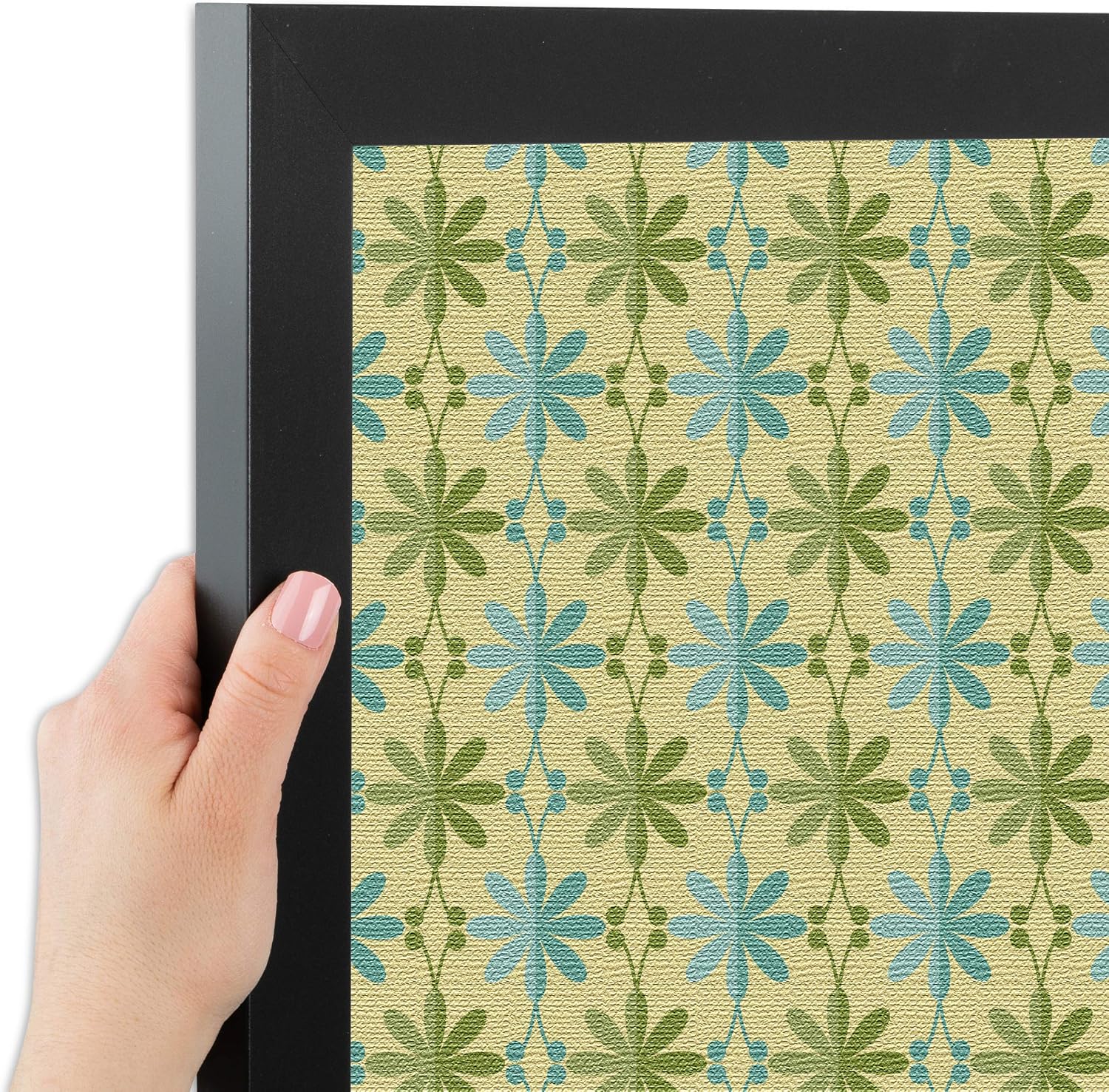 PinPix ArtToFrames 16x16 Inch Custom Cork Bulletin Board. This Floral Design in Blue and Green Pin Board Has a Fabric Style Canvas Finish, Framed in Satin Black (PinPix-551-16x16_FRBW26079)