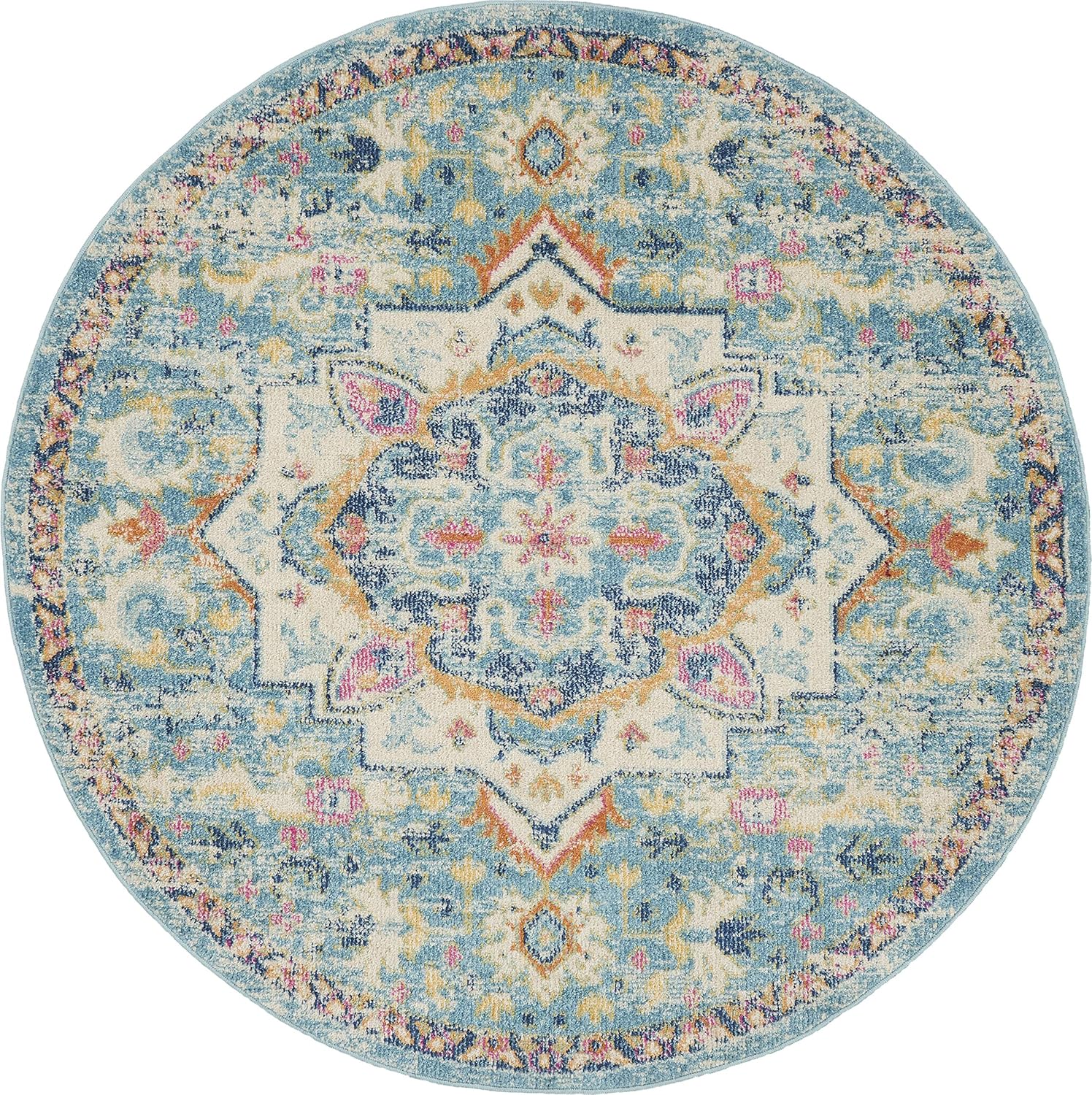 Nourison Home Passion Ivory Light Blue 4' x Round Area Rug - Easy Clean, Non Shedding, Bed Room, Living Room, Dining Room, Kitchen (4' x Round)