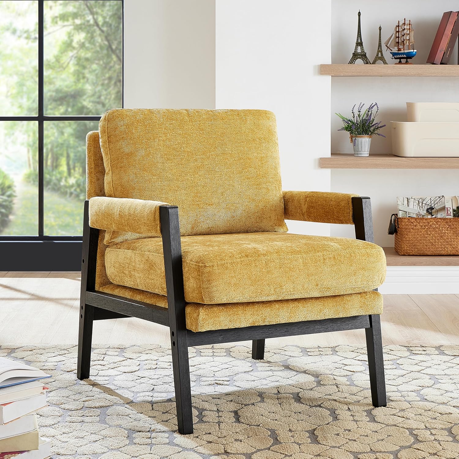 Roundhill Furniture Kelly Mid-Century Modern Chenille Upholstered Accent Armchair, Yellow