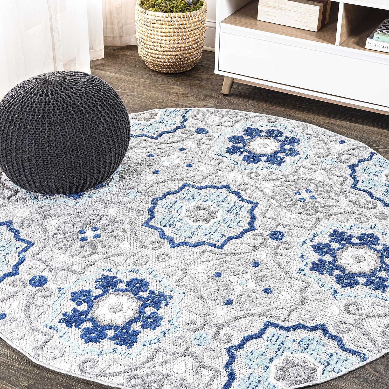 Eyely CMA101A-5R Amalfi Coast Mediterranean Medallion Indoor/Outdoor Area Rug Bohemian;Casual;Coastal, Bedroom, Kitchen, Backyard, Patio, Easy-Cleaning, Non-Shedding, 5' Round, Blue/Gray