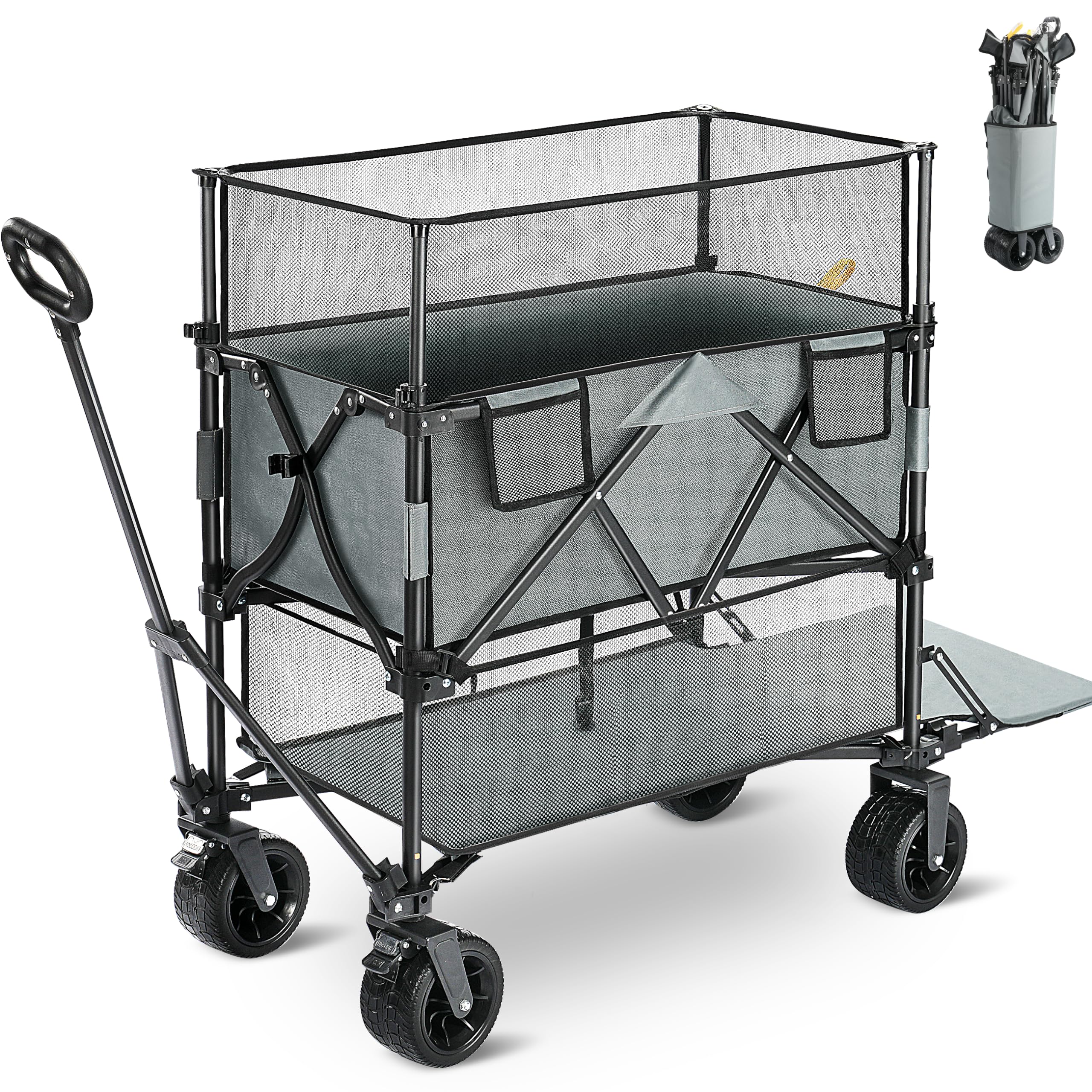 Double Decker Wagon Collapsible, 510L Heavy Duty Foldable Wagon with Big Wheels, Folding Extended Wagon Cart Support Up to 450lbs, Outdoor Utility Wagon for Camping, Beach