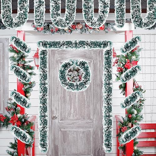 Miniatura 6 de Guirnalda de árbol de Navidad de 50 pies con puntas brillantes de escarcha, guirnalda de oropel metálica nevada, serpentinas brillantes para árbol