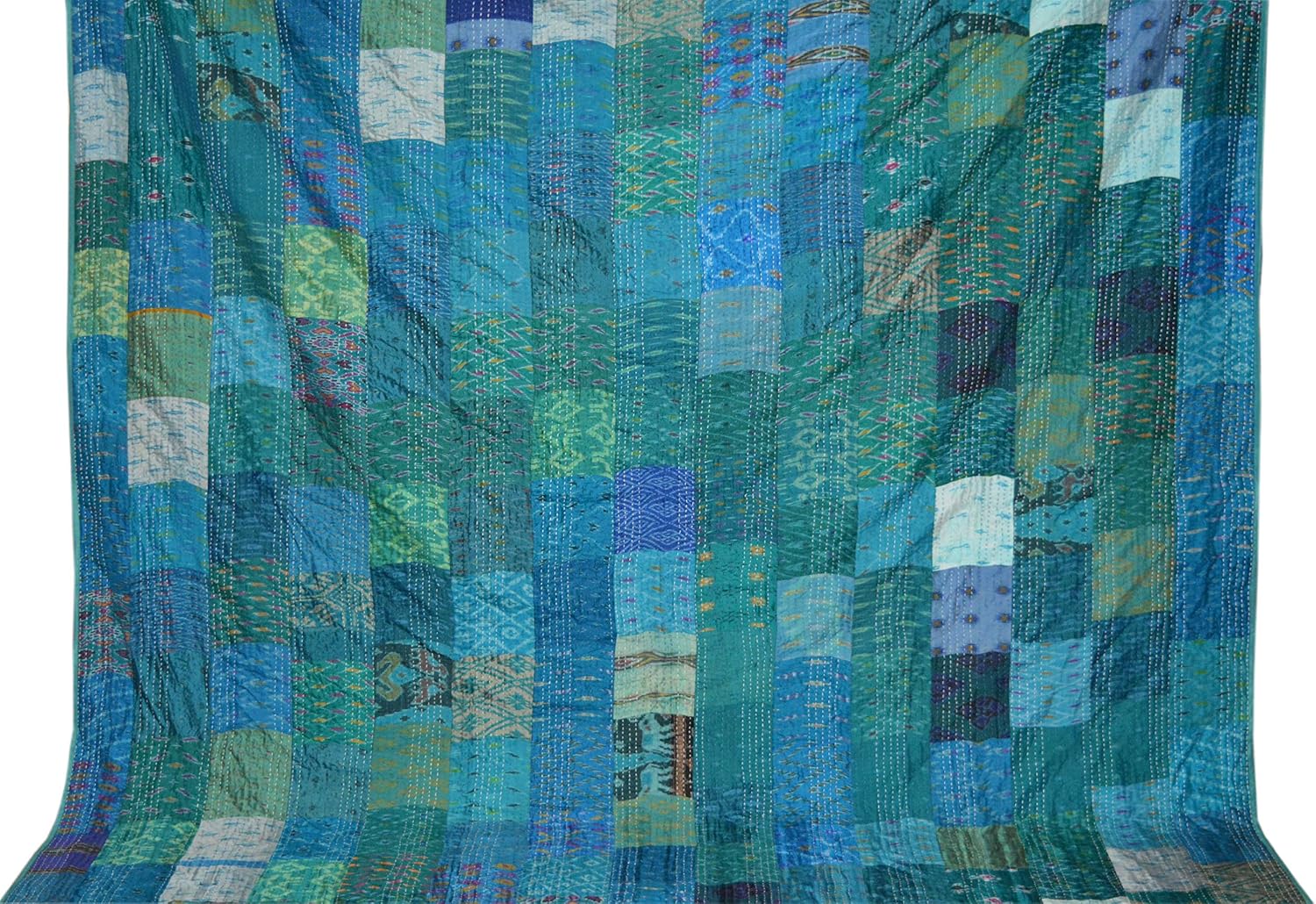 Crafts Creation Patola Silk Patch Kantha Quilt, Kantha Blanket Bedspread, Patch Kantha Throw, Queen Kantha, Kantha Rallies Indian Sari Quilt, Size 90" X 108" 001