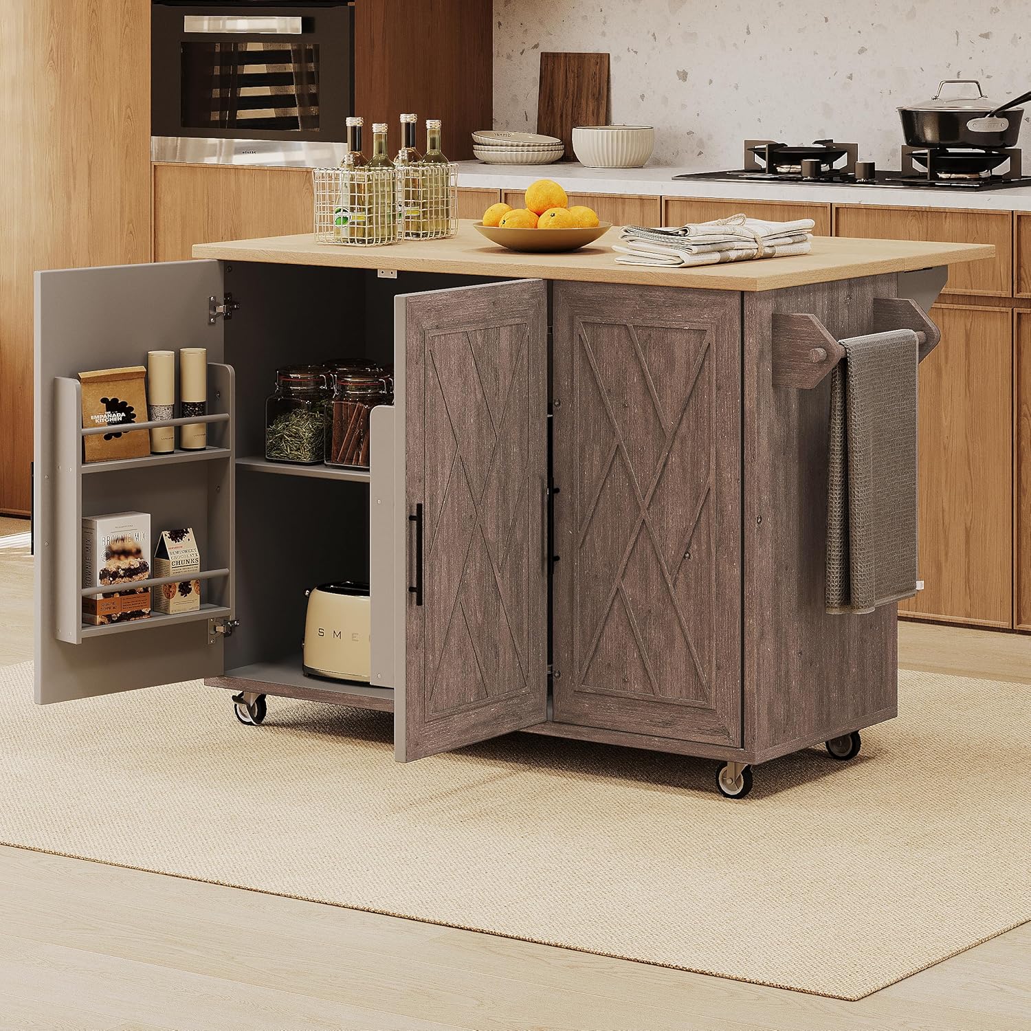 Amazon.com: Bellemave 51.2" Large Kitchen Island Table with Wood Drop Leaf, Rolling Kitchen ...