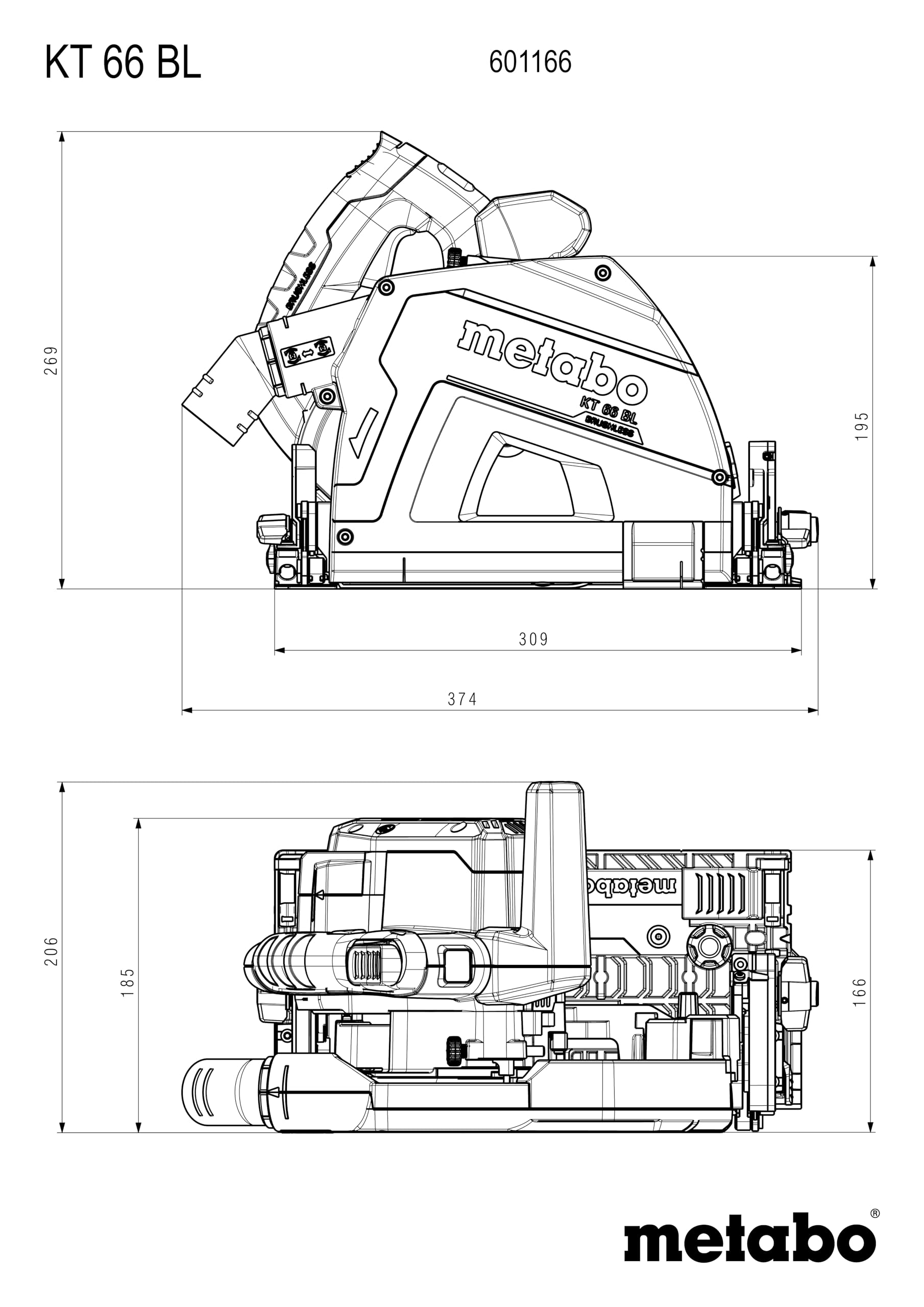 metabo Tauchkreissäge KT 66 BL, 1200W Brushless Motor, 66mm Schnitttiefe | Präzise Schnitte in Holz, variable Drehzahl, inklusive Sägeblatt, Staubfangbeutel und metaBOX 340, ohne Führungsschiene