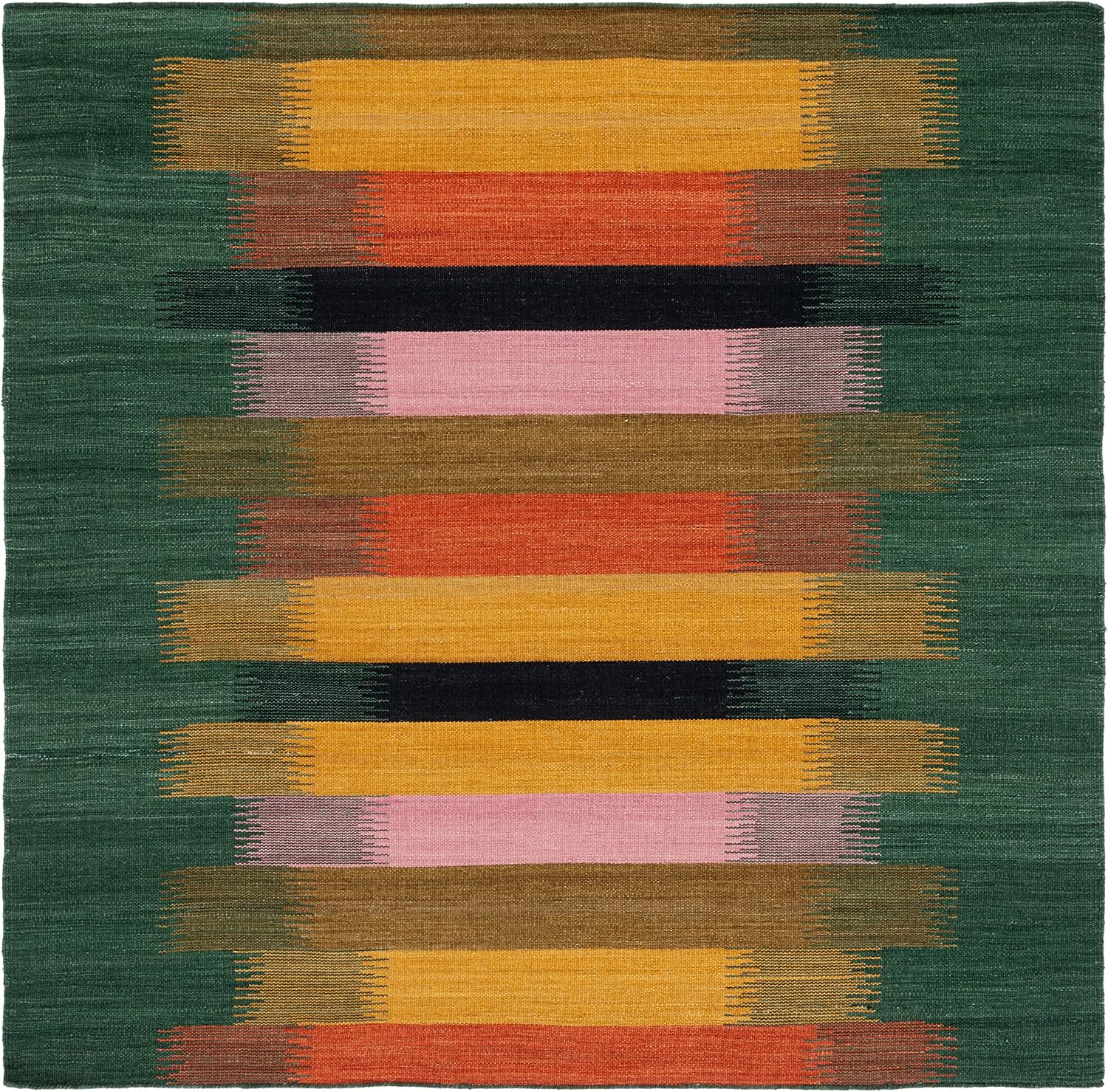 SAFAVIEH Dhurries Collection Area Rug - 6' Square, Brown & Yellow, Handmade Flat Weave Wool, Ideal for High Traffic Areas in Living Room, Bedroom (DHU642Y)