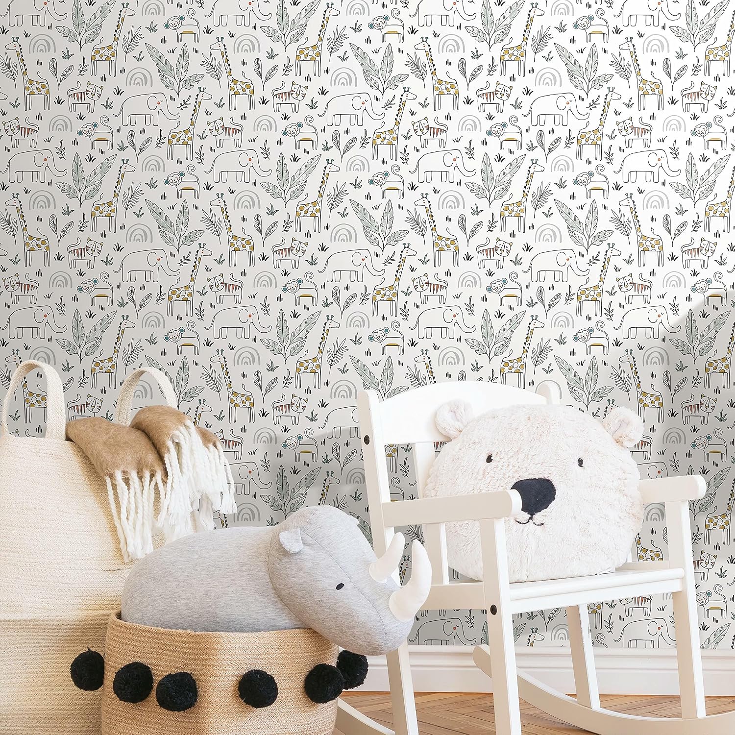 RoomMates RMK11980RL White and Yellow Jungle Menagerie Peel and Stick Wallpaper
