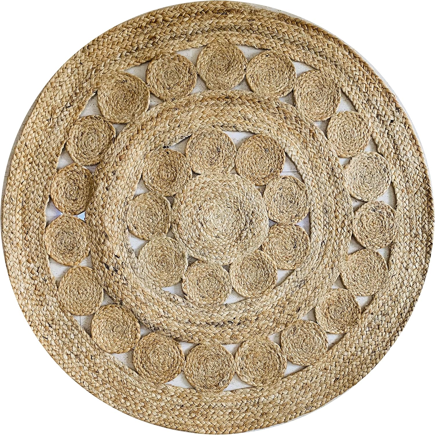 Handwoven Jute Area Rug, Natural Yarn, Hand Crafted Design, Rustic Vintage Braided Reversible Rug, Eco Friendly (3 Feet Round)