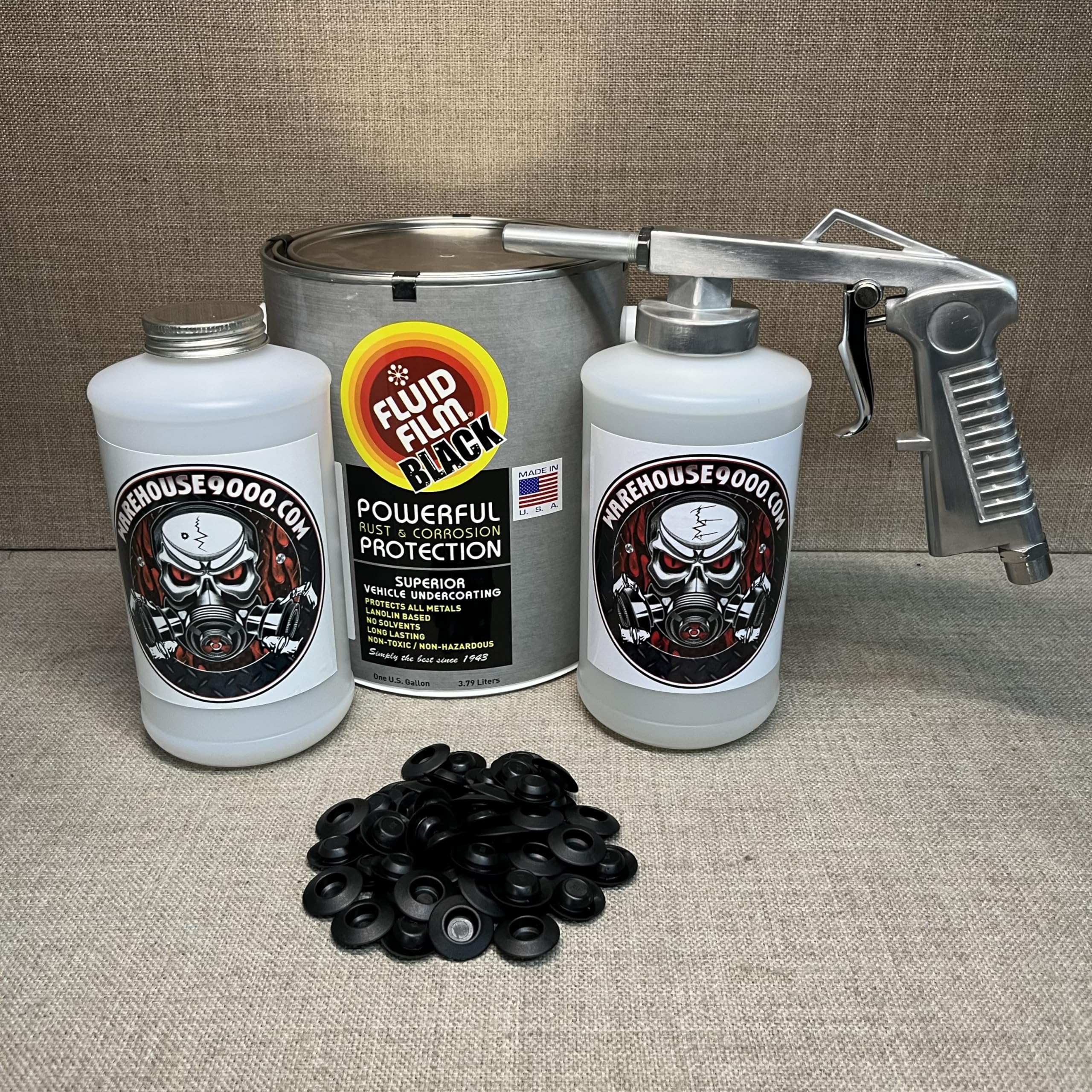 Fluid Film Black Gallon, Standard Economy Undercoating Spray Gun, 2 White Quart Bottles, and 50 Rust Plugs