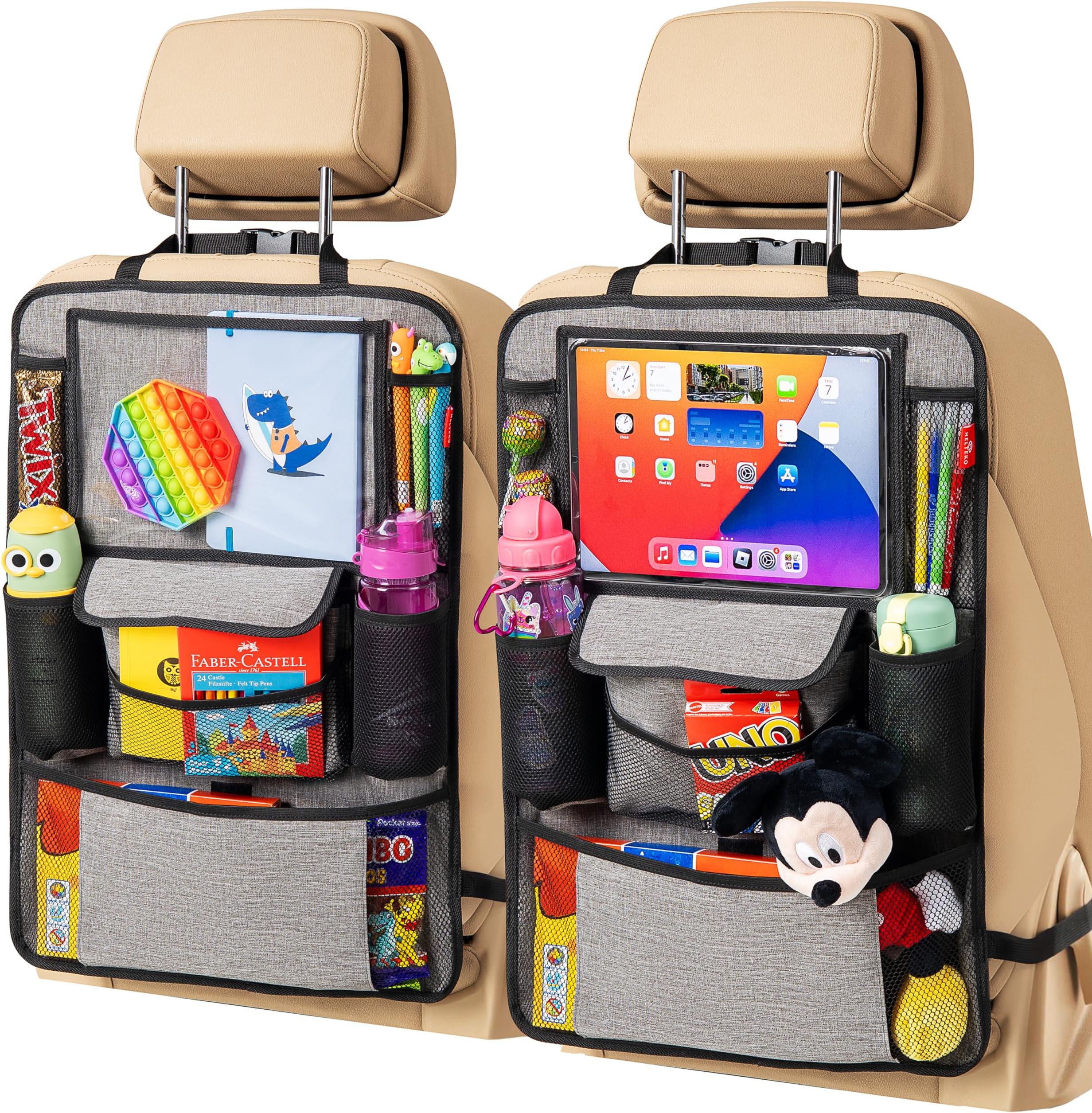 Helteko Car Seat Organizer, Ultra Version Kids Backseat Car Organizers and Storage, Waterproof Back Seat Protector Kick Mats with Tablet Holder 12" Car Accessories Interior, Gray, 2 Pack