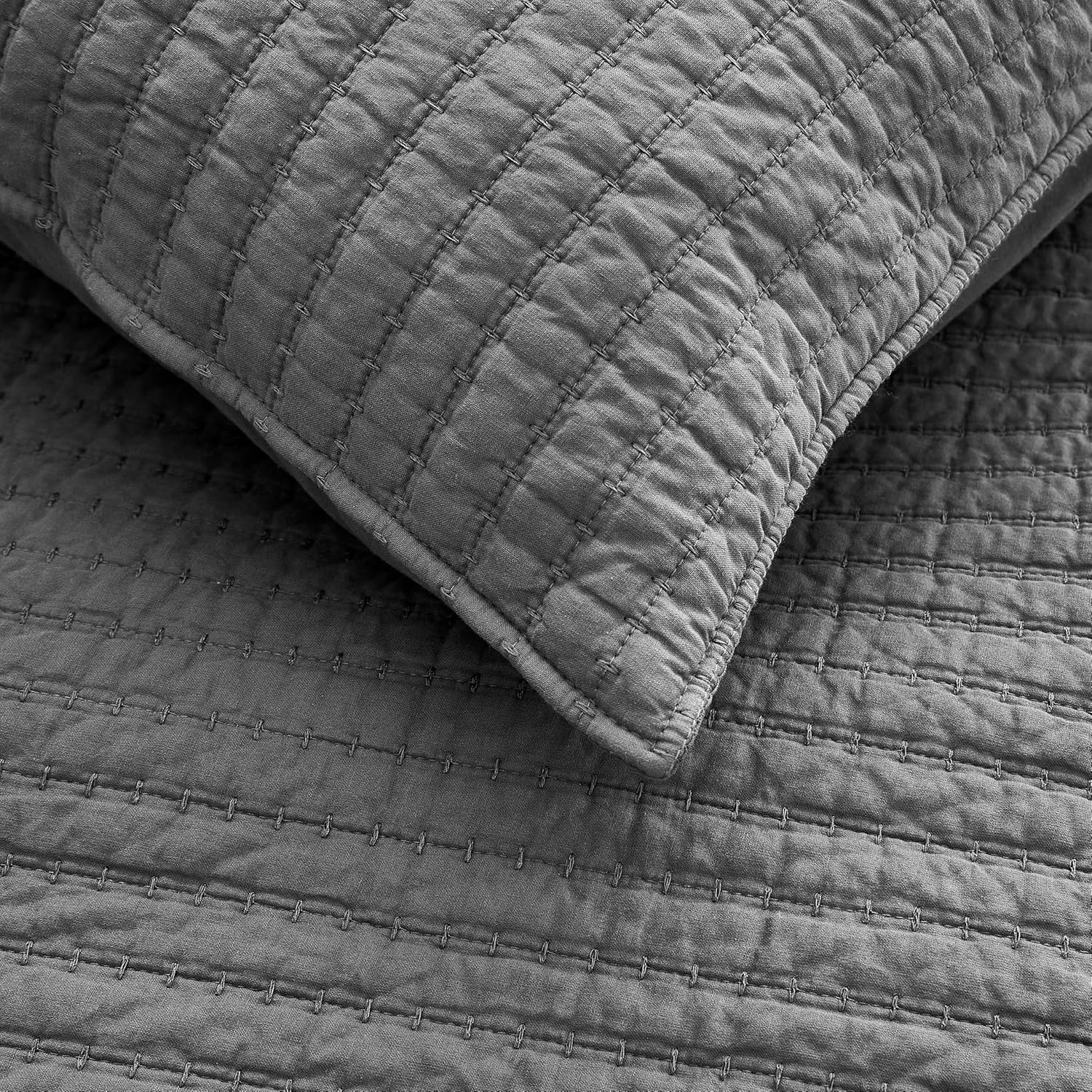 WDCOZY 100% Cotton Twin Size Quilt Set - Grey Striped Pick Stitch Soft Lightweight Bedspread, Textured Like Linen, Farmhouse Country Rustic Coverlet, Shabby Chic Gauze Bedding, 2 Pieces - Image 6