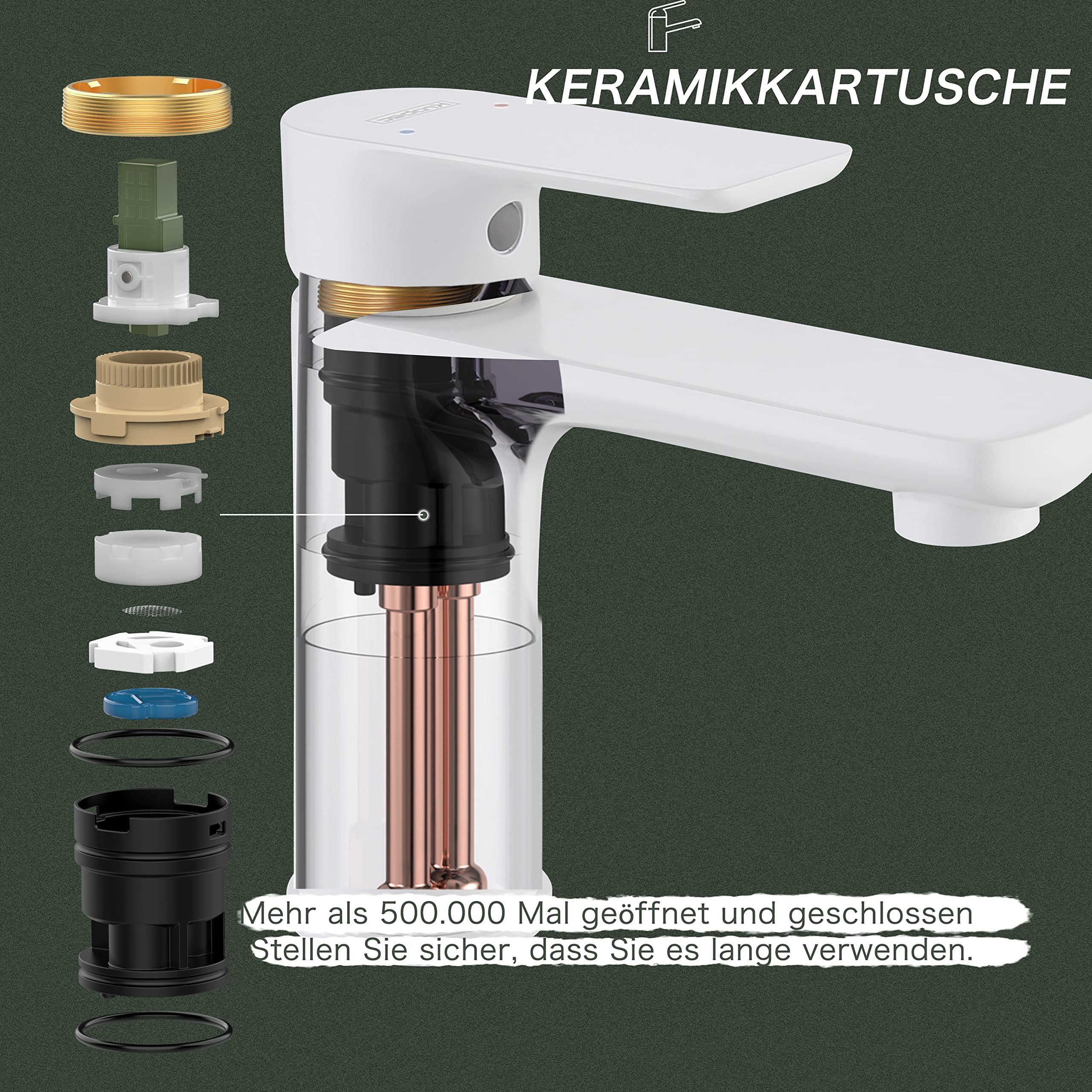 Krobec Einhebelmischer wasserhahn bad,waschtischarmatur mit Wassersparfunktion,wasserhahn gäste wc,Waschbecken wassersparend,Messing,Keramikventileinsatz(Mattweiß).