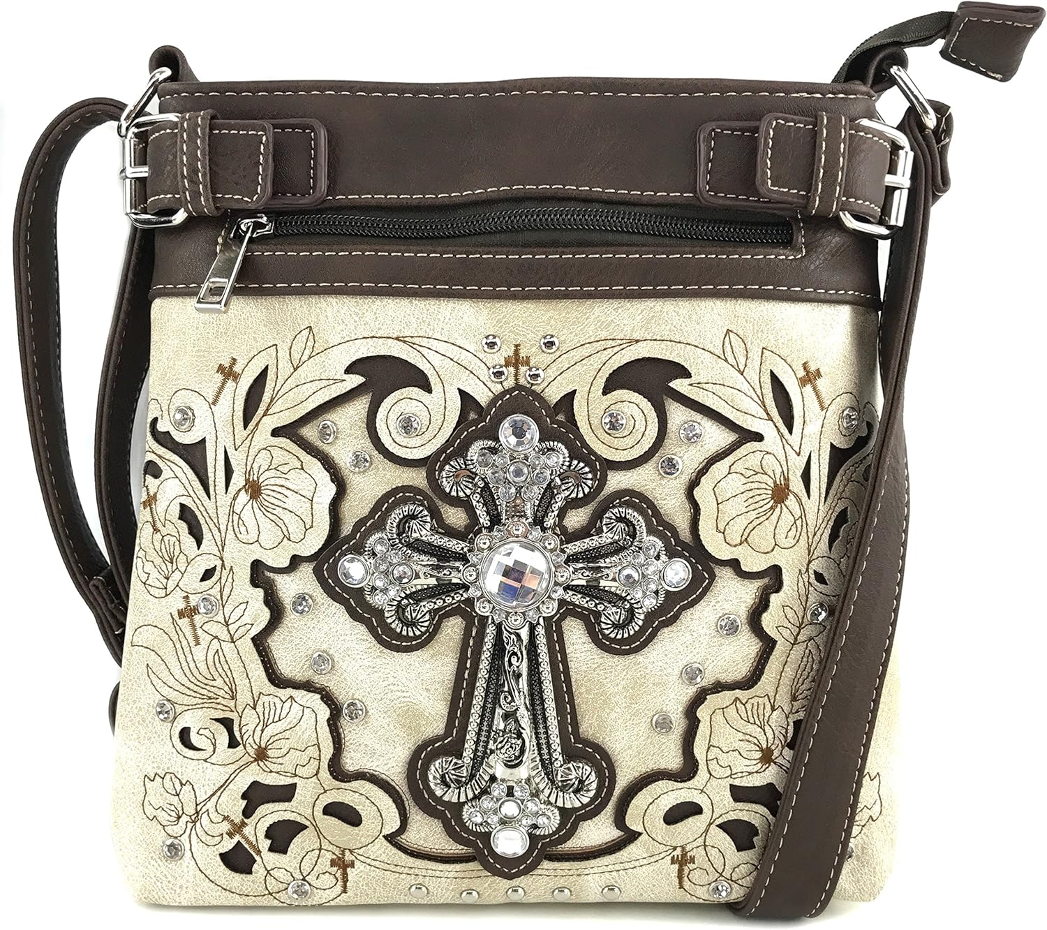 Justin West Embroidery Floral Glitter Bling Rhinestone Cross Shoulder Concealed Carry Handbag Purse Trifold Wallet