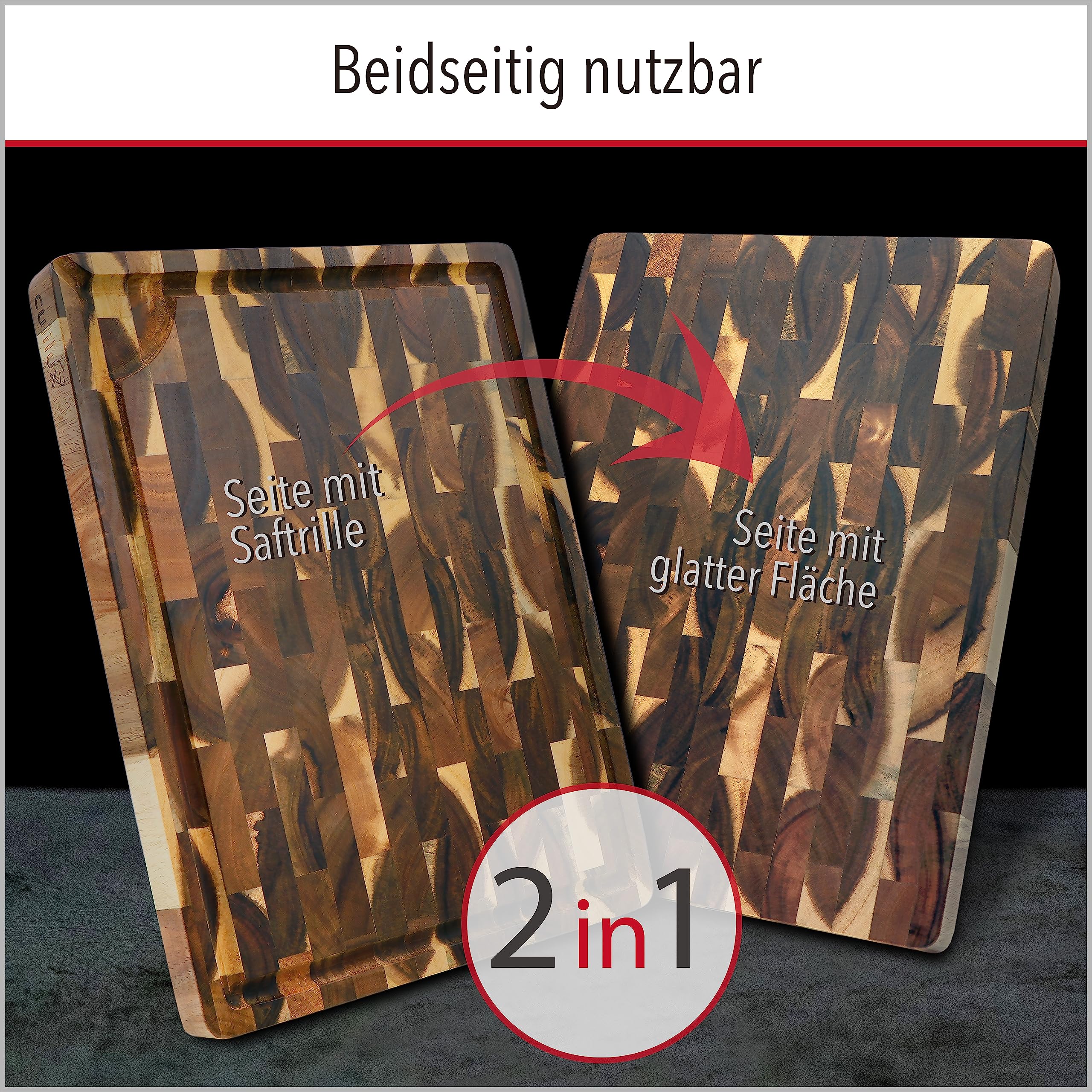 Gourmet Schneidebrett L Stirnholz Akazie 40 x 30 x 3 cm | 2-seitig, Mit Saftrille, Antiseptisches Hirnholz, Zum Servieren geeignet