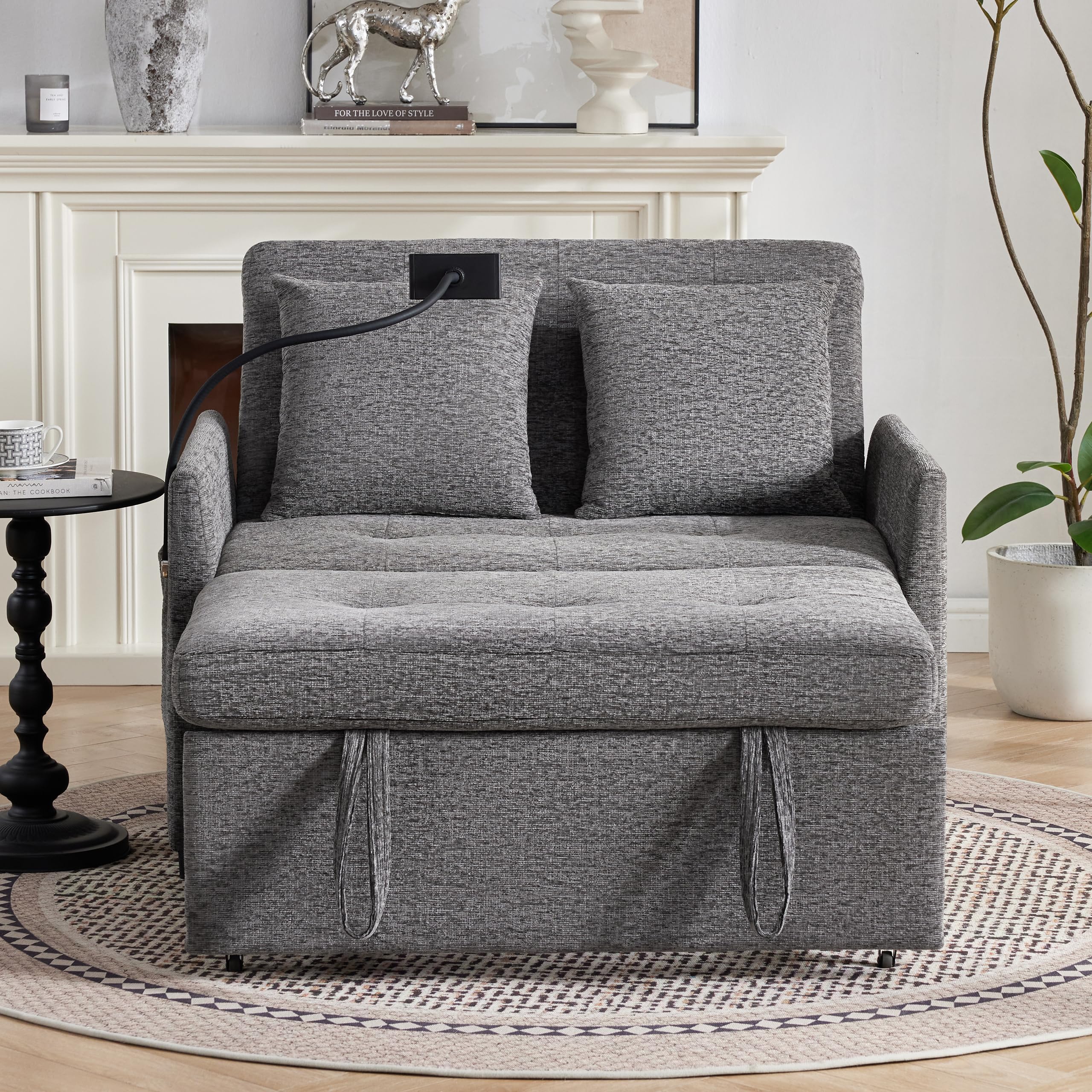 Loveseat Sleeper Sofa Convertible Sofa Bed, Pull out couch, Dark Grey | 3 in 1 couch bed with Phone Holder, Futon Sofa Bed with USB and Type-C Ports for Living Room, Adjustable Backrest