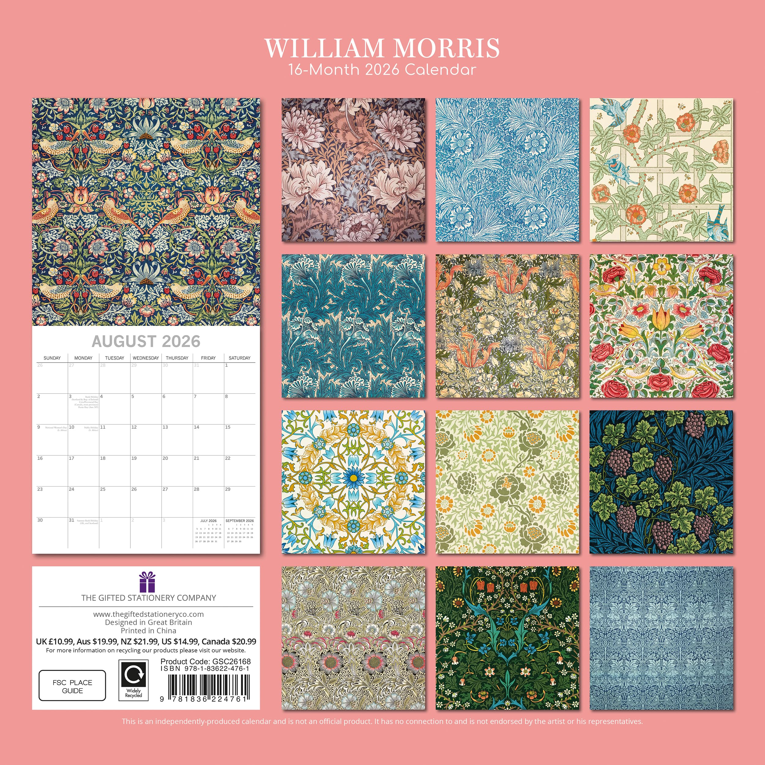 Calendario Da Parete 2026 William Morris - Planner Familiare Mensile Con 5 Colonne E Liste Strappabili