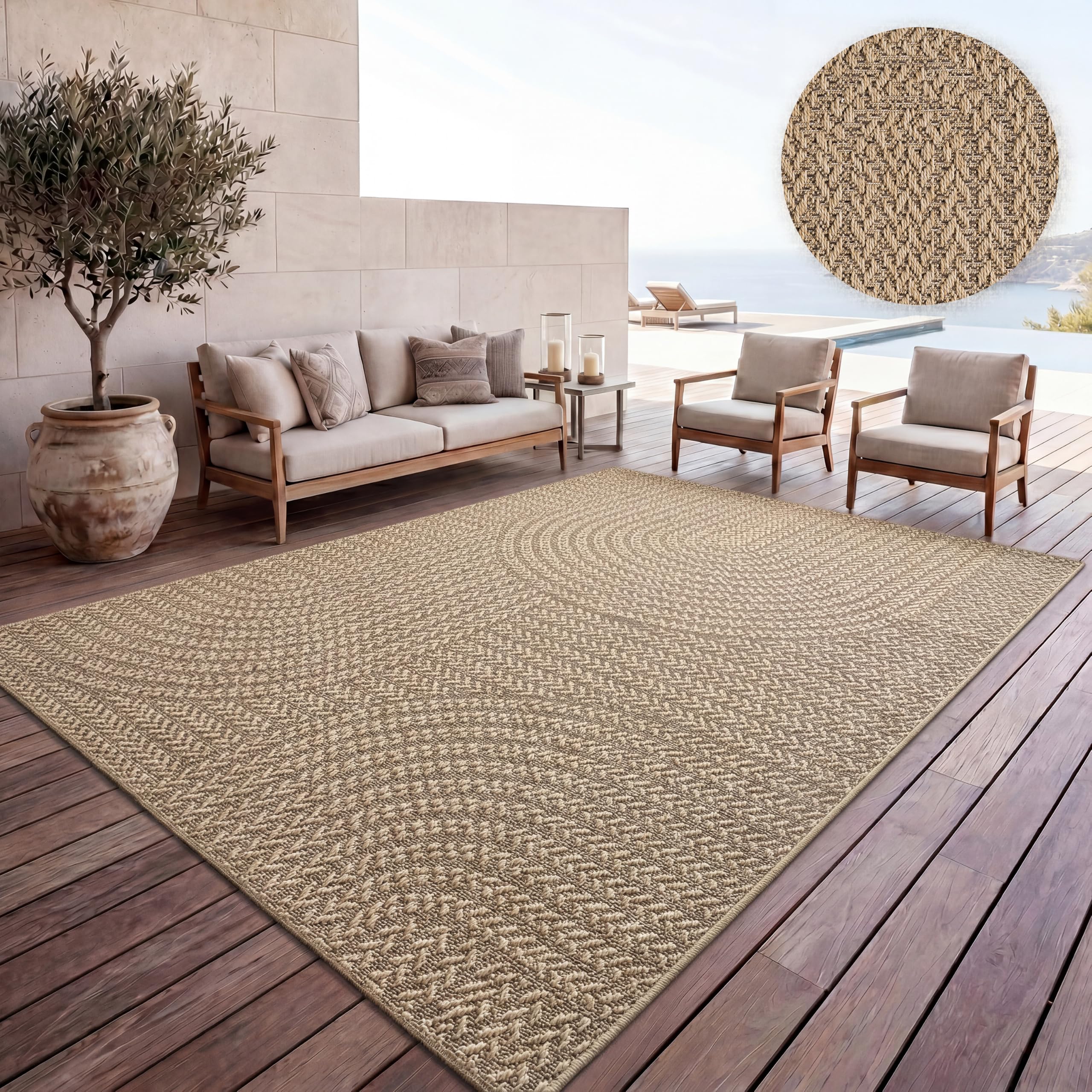Paco Home Outdoor Teppich Wetterfest, moderner Jute-Look in natürlicher Sisal Optik, Robust, ideal für Terrasse Wohnzimmer & Küche, Grösse:160x230 cm, Farbe:Beige 5