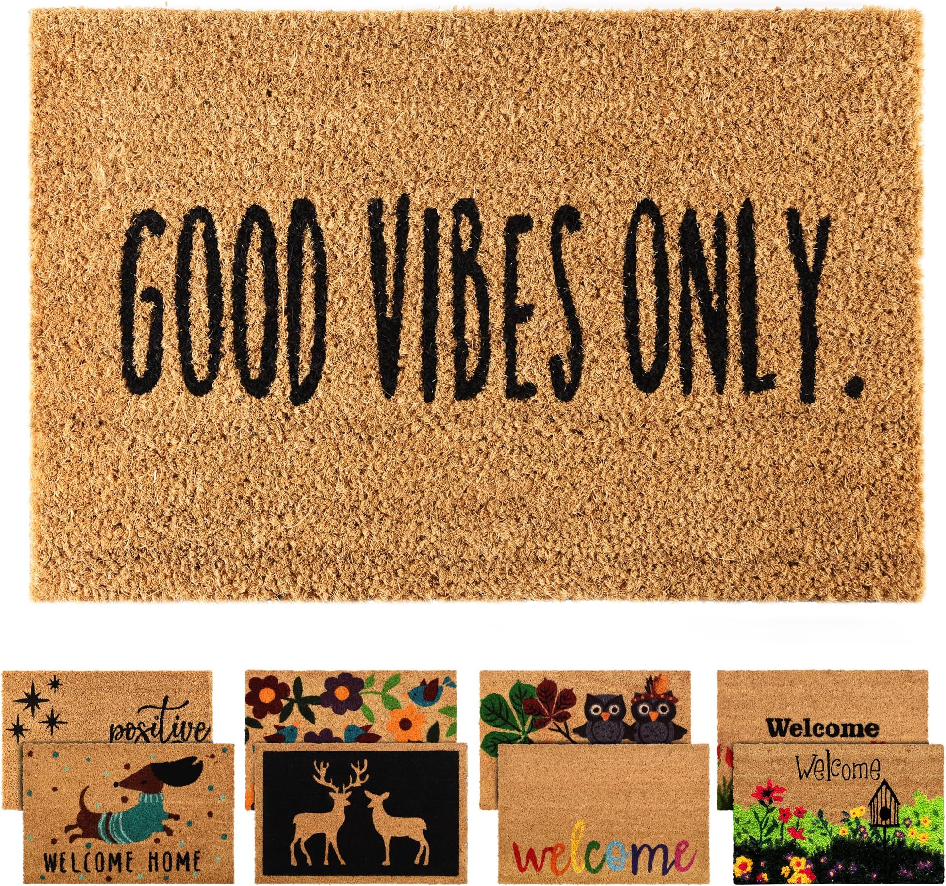 Coir Door Mats Outdoor Indoor | Front Door Heavy Duty Doormat Thick Non Slip High Absorbency | Large 100% Natural Coir Dirt Trapper | Entrance Matting (Good Vibes Only)
