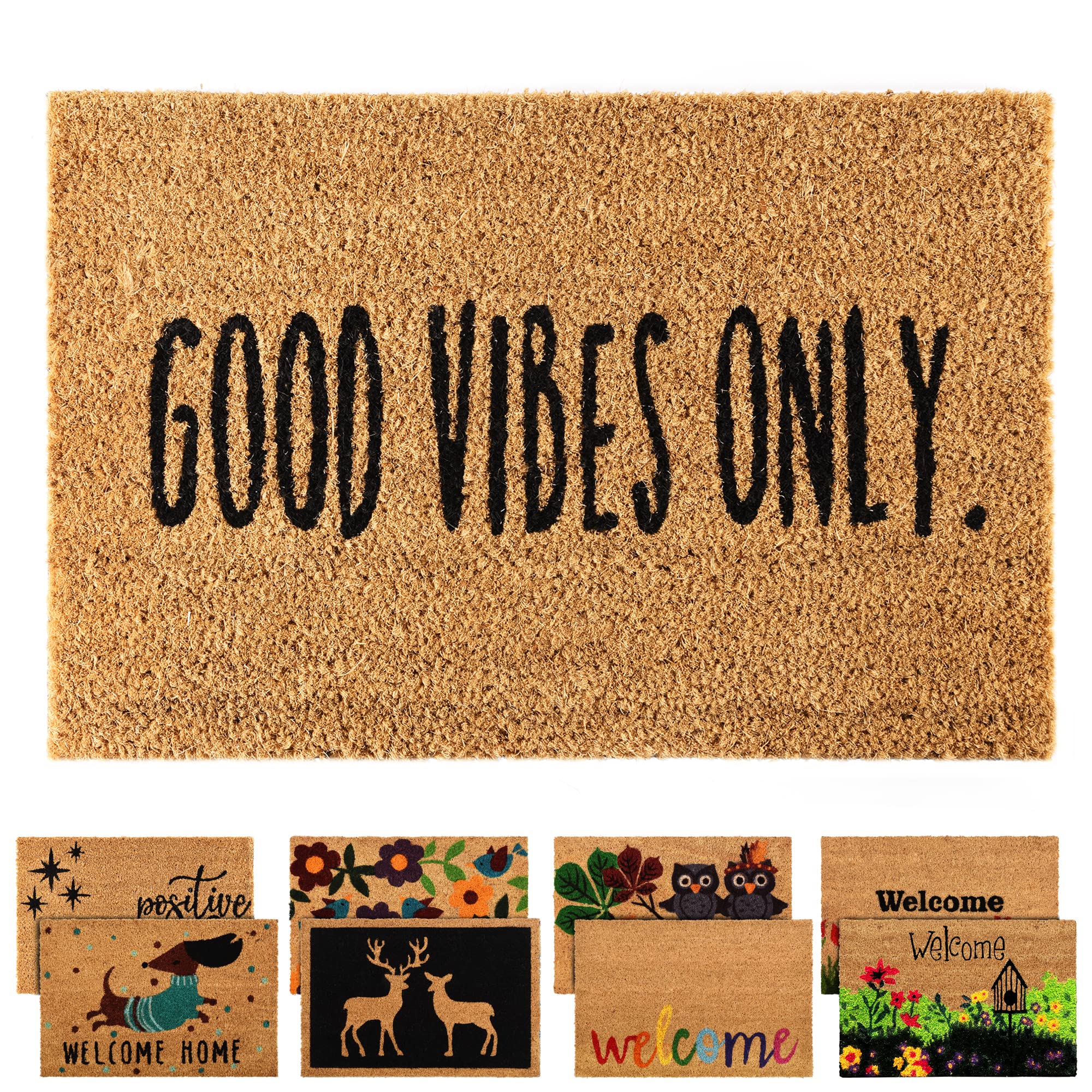 ZENQA Coir Door Mats Outdoor Indoor | Front Door Heavy Duty Doormat Thick Non Slip High Absorbency | Large 100% Natural Coir Dirt Trapper | Entrance Matting (Good Vibes Only)