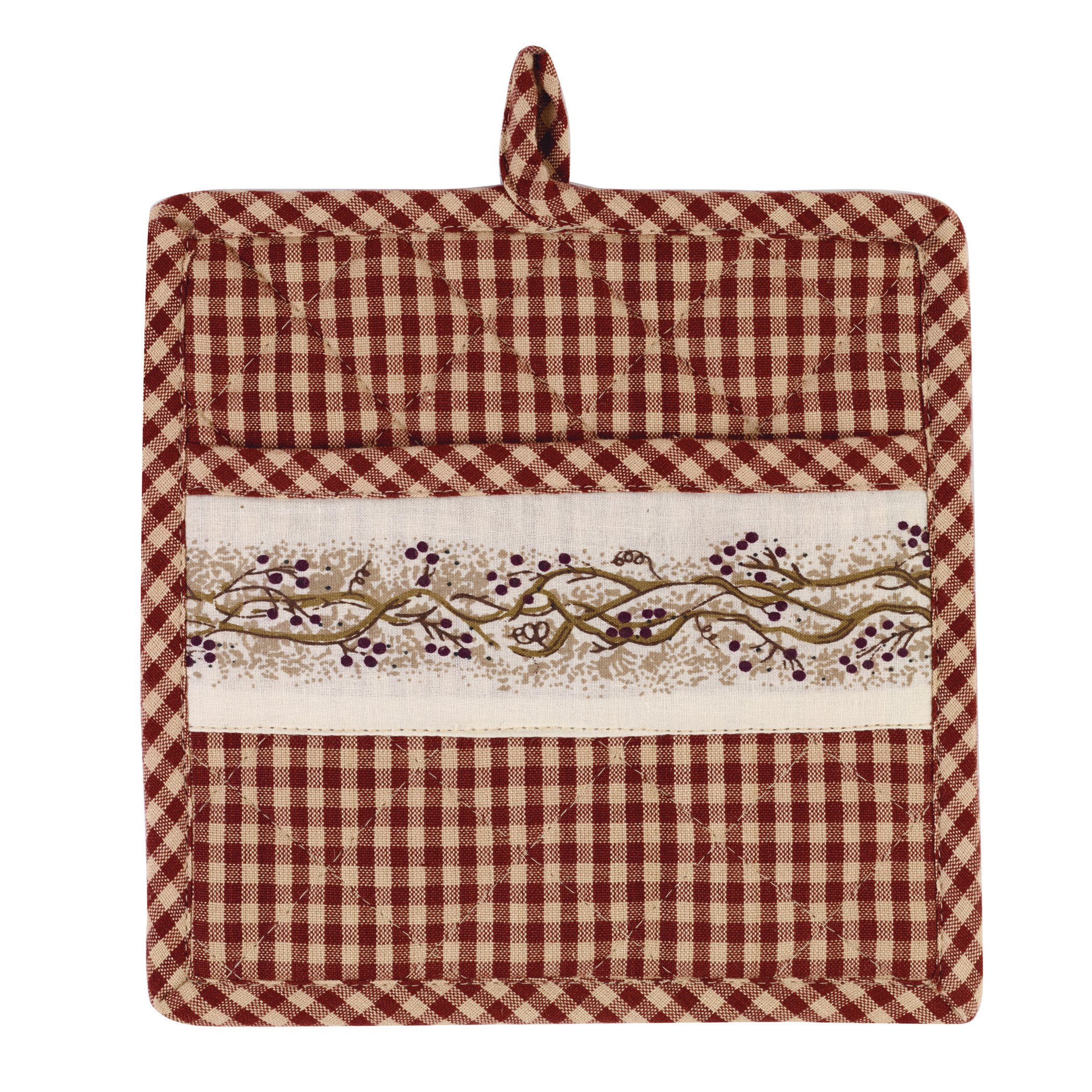 The Country House Burgundy Berry Vine on Check Plaid 8 x 8 Inch All Cotton Applique Pot Mitt with Pocket