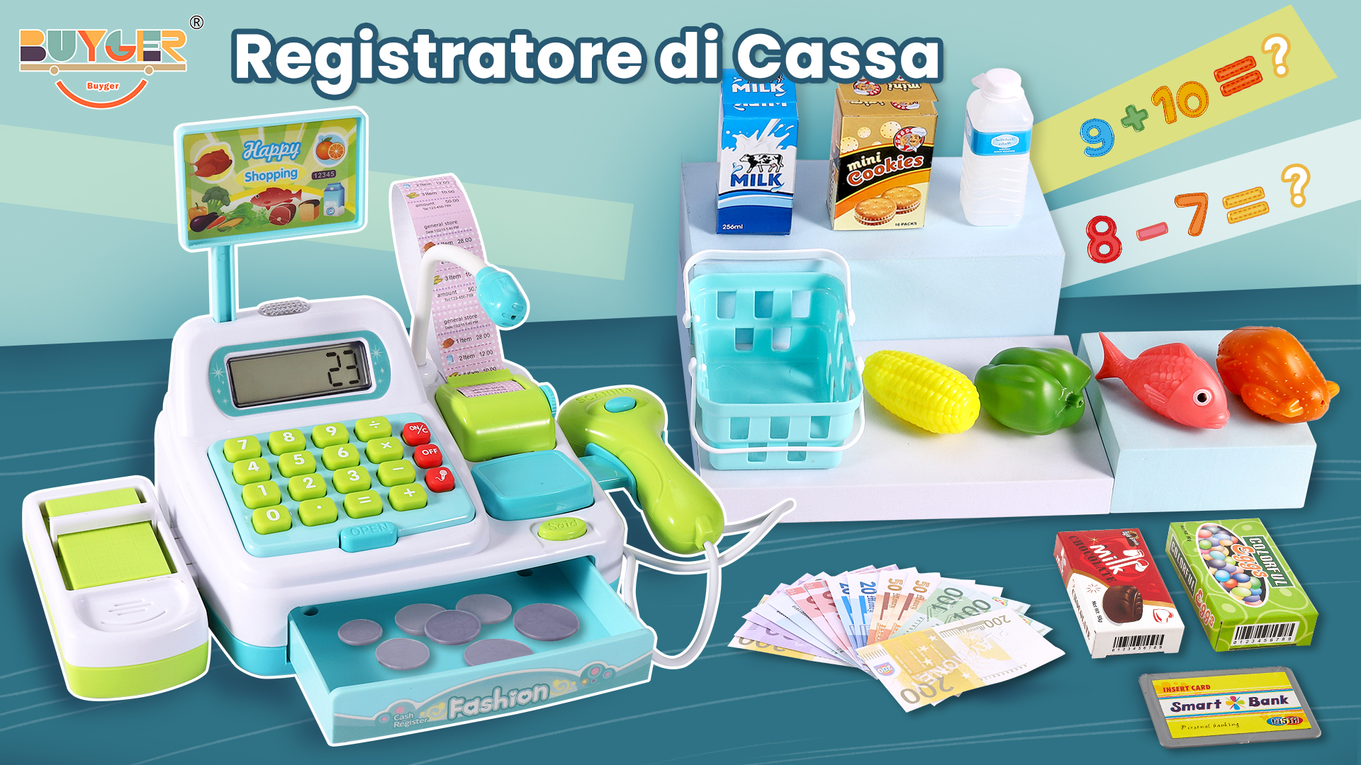 Registratore Di Cassa Giocattolo Per Bambini 3-5 Anni, Con Microfono, Scanner, Bilancia E Accessori, Gioco Educativo Lingua Inglese