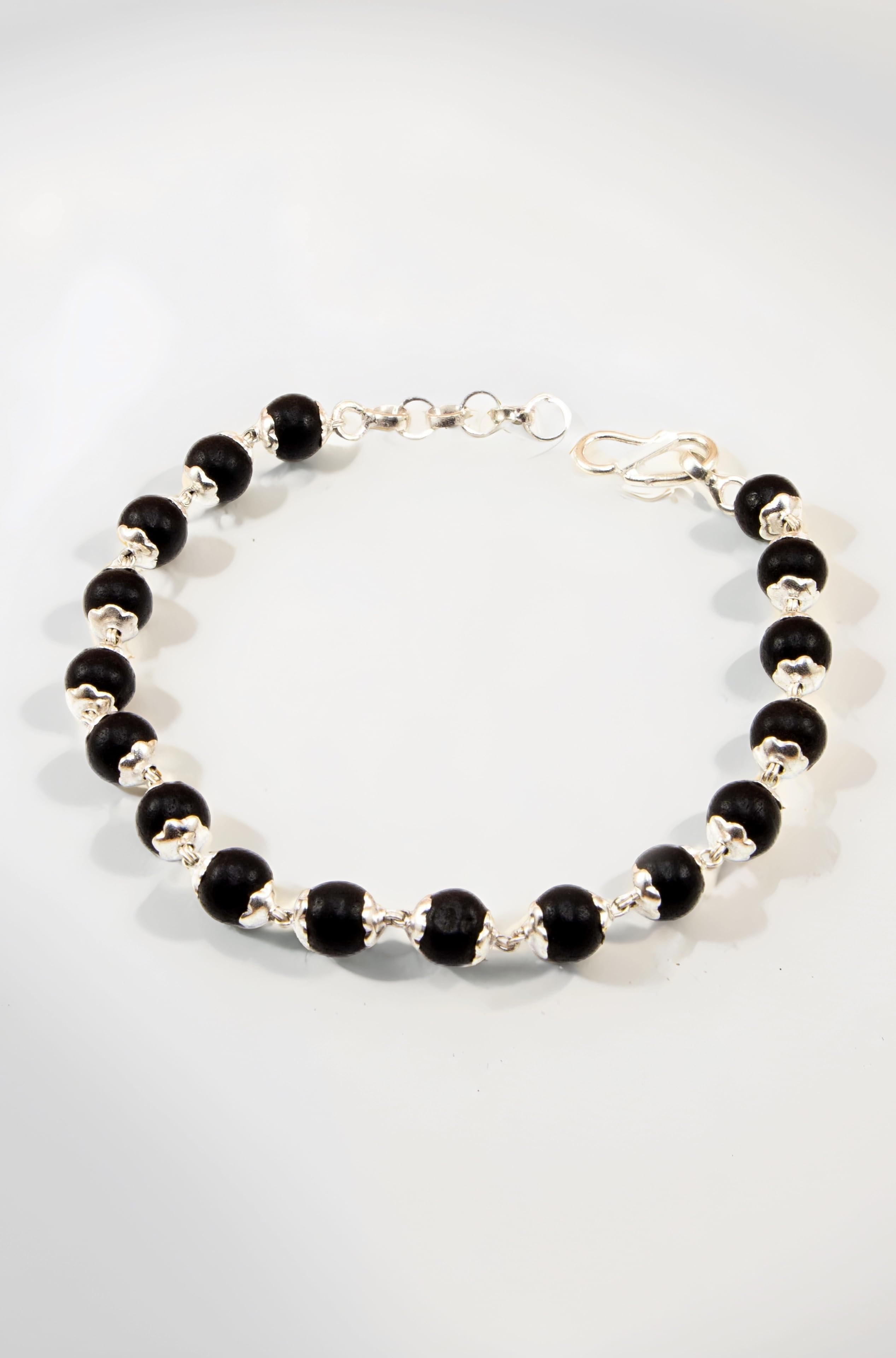 925 Silver Karungali Bracelet for Men and Women | Natural Karungali Beads 7.00 MM Size with Silver Capping | Ebony Wood Beads Bracelet | Including Length Extension Chain