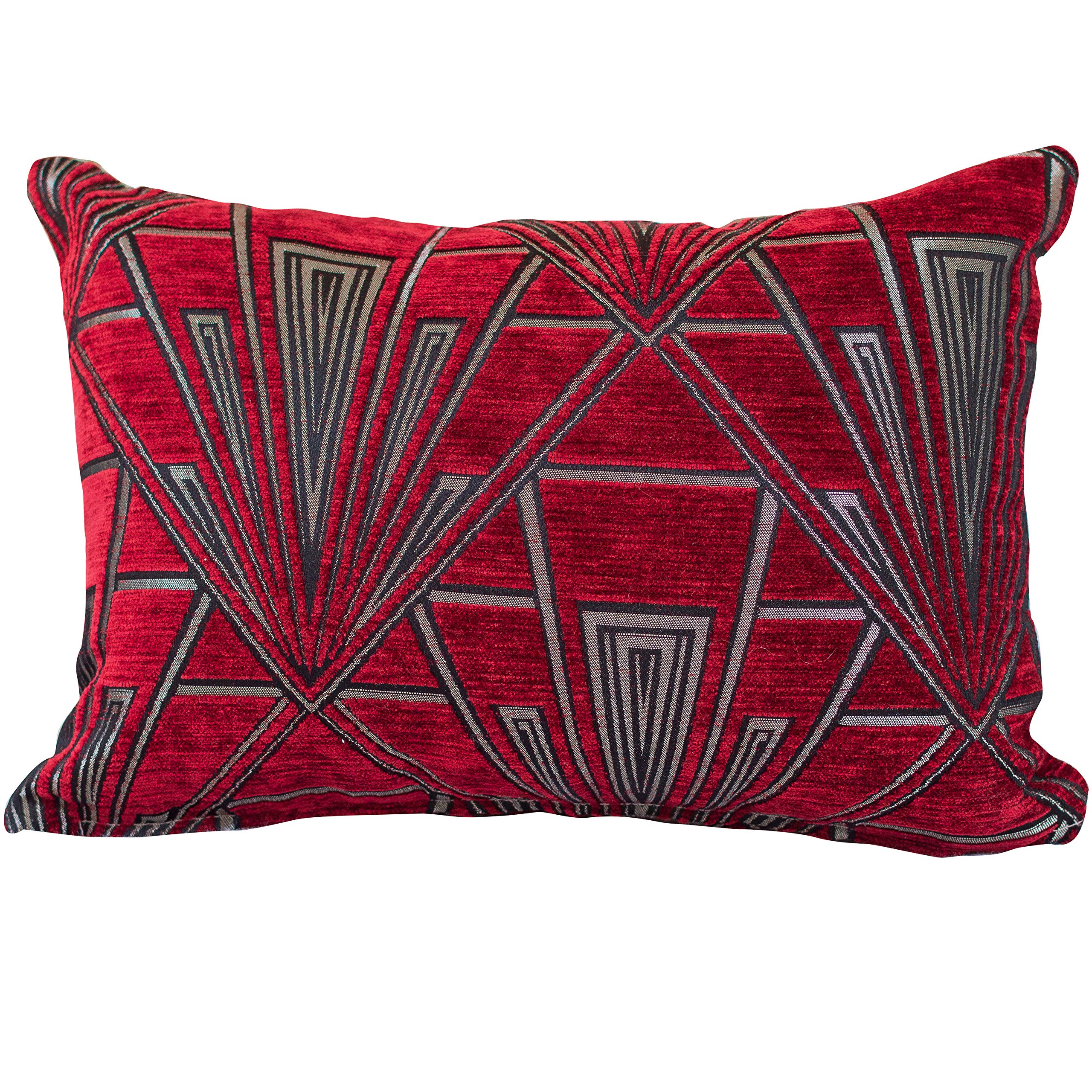 Linen Loft Red Art Deco Boudoir Cushion Cover. Geometric And Silver. Luxury Velvet Chenille. 17X12 (43X30cm) Double Sided Pillow Case. 20S And 30S Style.