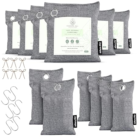 Adhara Sky 12 Pack of Bamboo Charcoal Air Purifying Bags with 6 S Hooks & 6 Ties