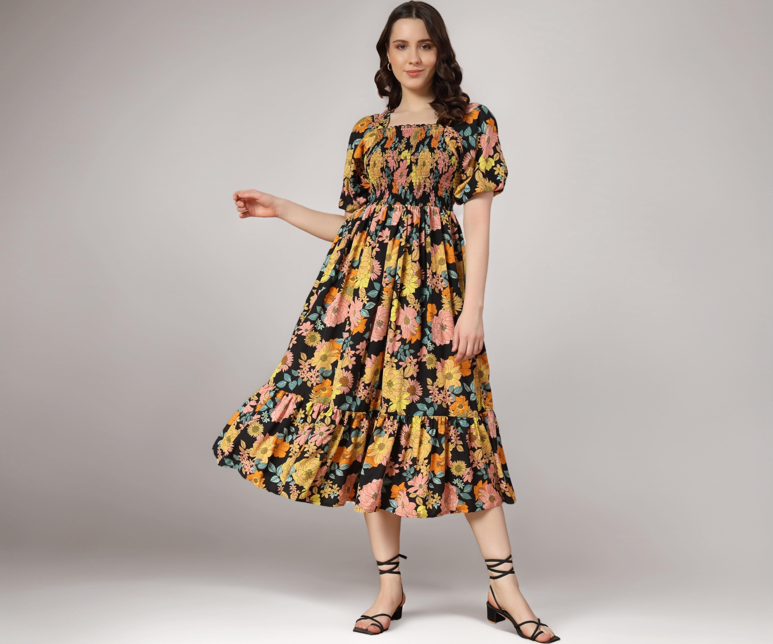 KZULLY | Floral Print Midi Dress | Beautiful Floral Design | Ideal for Casual, Work Fit & Comfortable Elastic & Fabric | Suitable for Women's