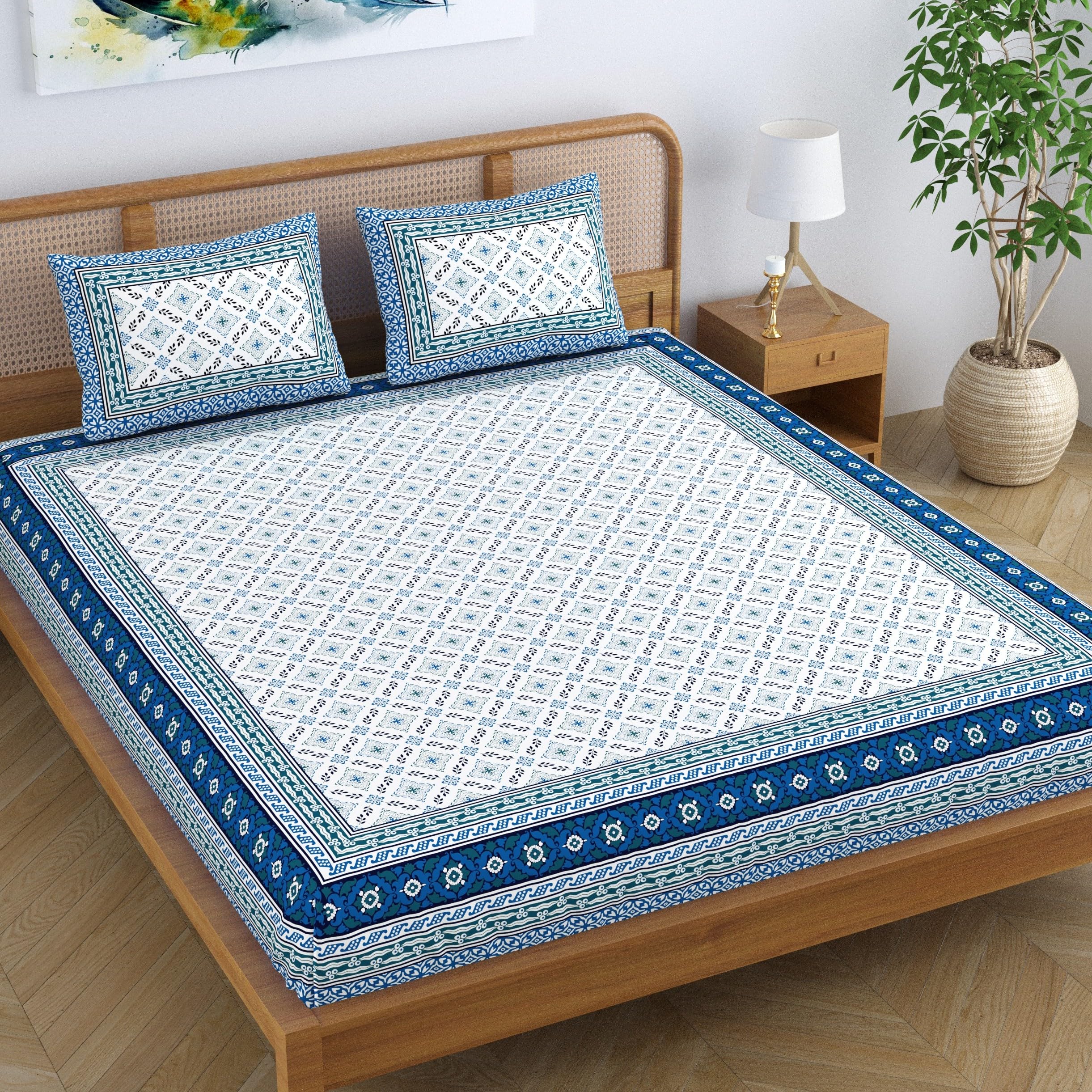 Cotton Blend Traditional Floral Jaipuri Block Printed Double Bedsheet King Size with 2 Pillow Covers - Sky Blue-image-48