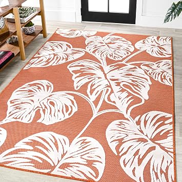Eyely Two-Tone Monstera Leaf Area Rug 5X8 Orange/Ivory, Indoor Outdoor Rug | Ships Rolled, Durable Flat Weave, Lays Flat for Backyard, Patio, Porch, Easy-Cleaning, High Traffic,Pet-Friendly,Non-Shedding