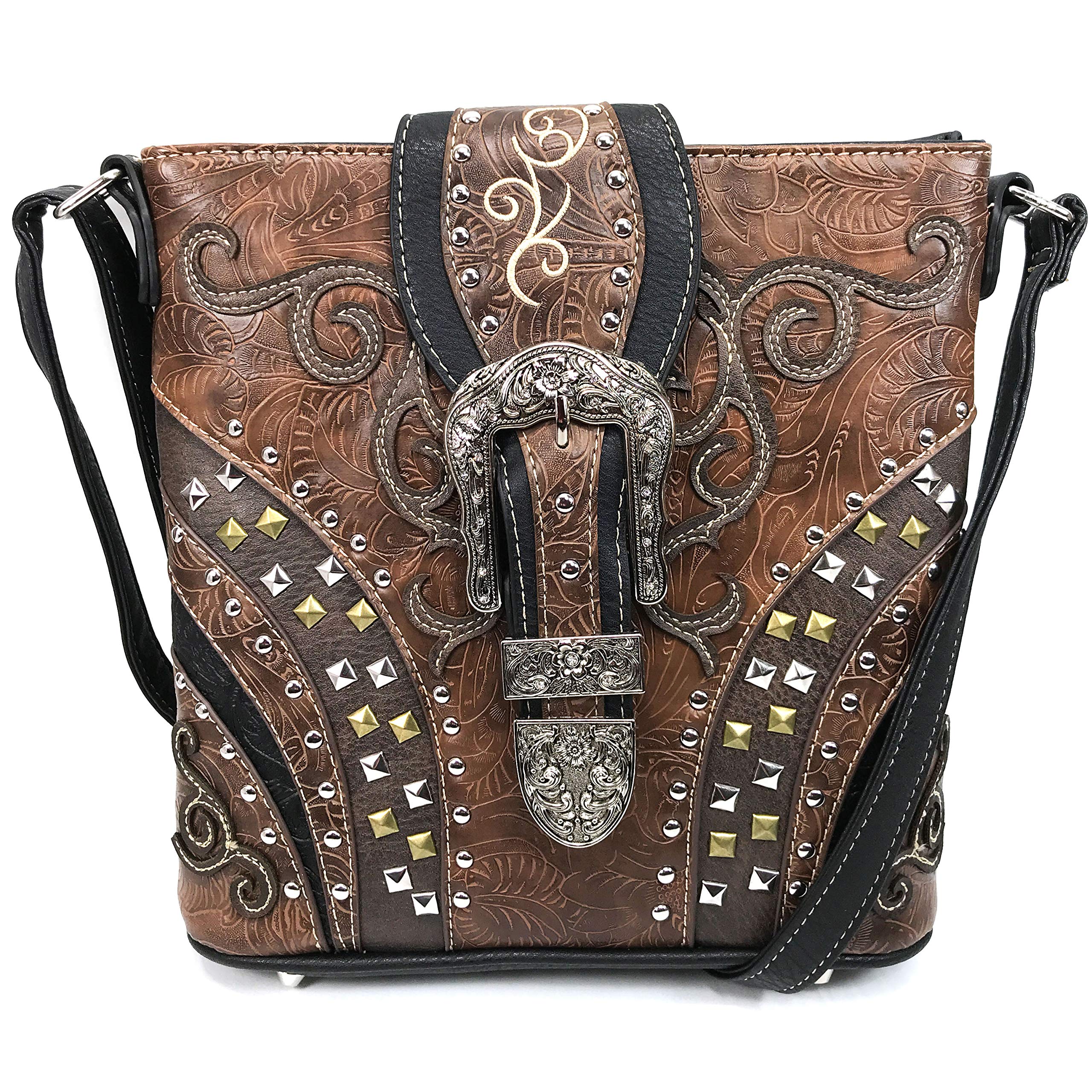 Justin West Clydesdale Tooled Leather Metal Stud Buckle Conceal Carry Women Handbag Purse