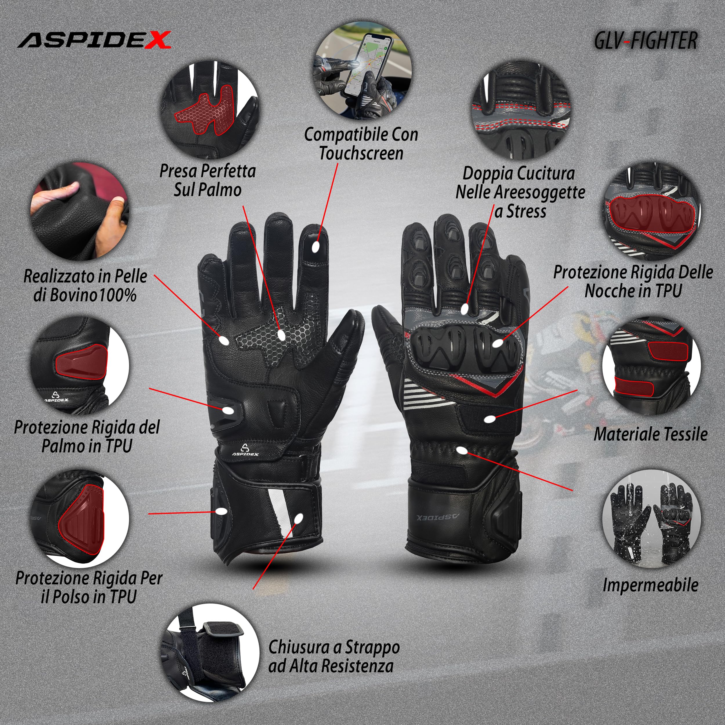 Guanti da moto da corsa in pelle da uomo Guanti sportivi protettivi per motociclisti Nero