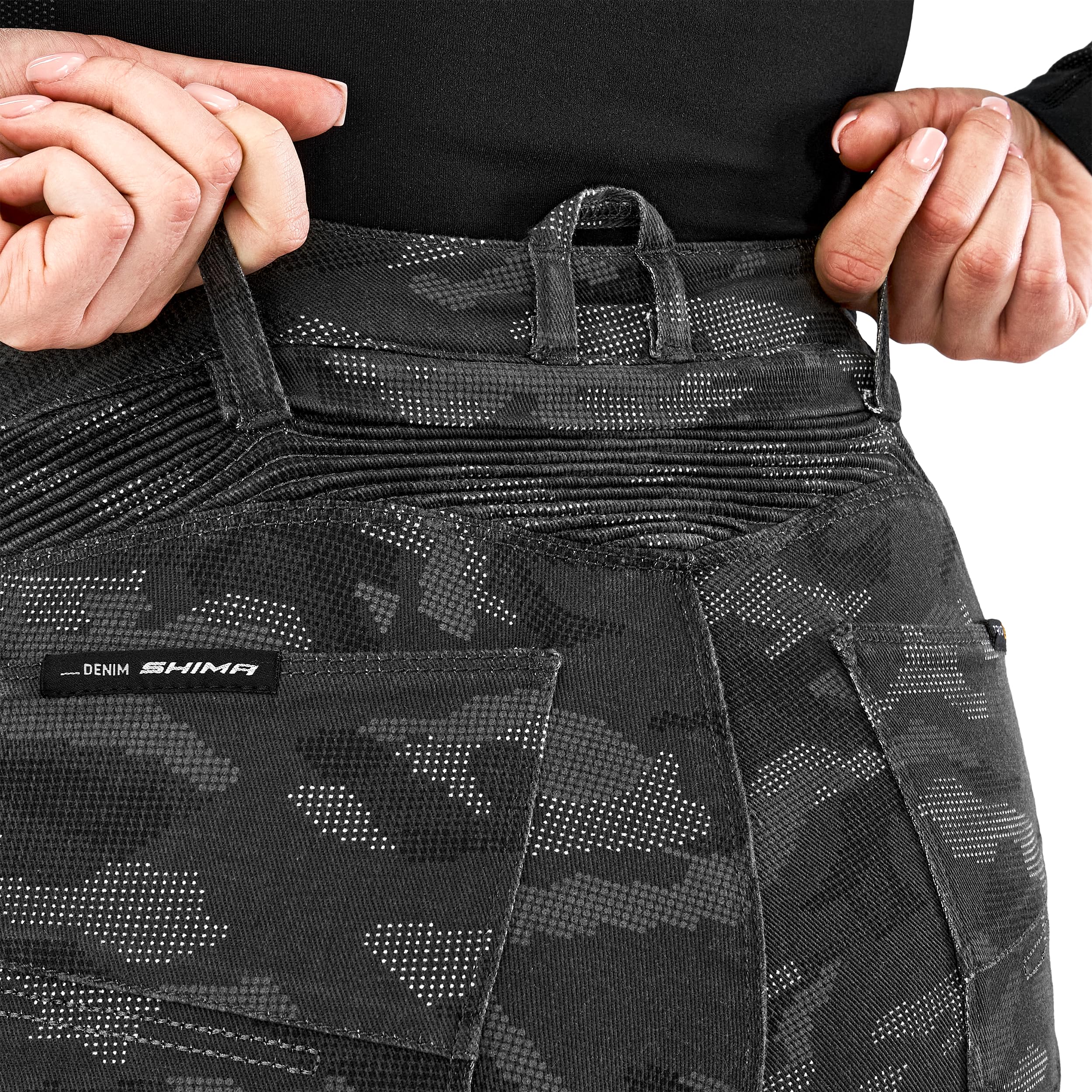 SHIMA Giro 3.0 Damskie spodnie motocyklowe Ochraniacze AirForce Homologowane obcisłe Tekstylia Cargo Urban Spodnie Ochronne Kolana Wentylowane Elastyczne Odzież Letnia (Damska, Camo, 24/30)