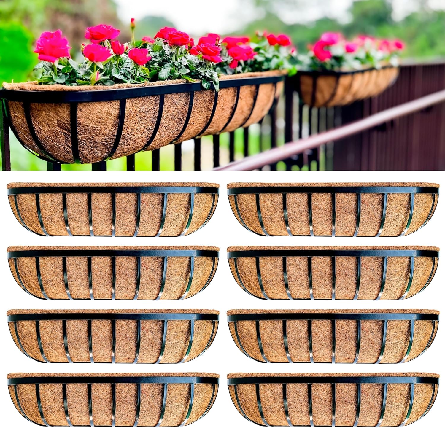 LaLaGreen Outdoor Wall Planter for Plants (8 Pack, 30 Inch) Large Black Metal Basket with Coco Liner, Long Window Flower Box Deck Railings Hanging Countryside Balcony Garden Fence Balcony Patio Rail