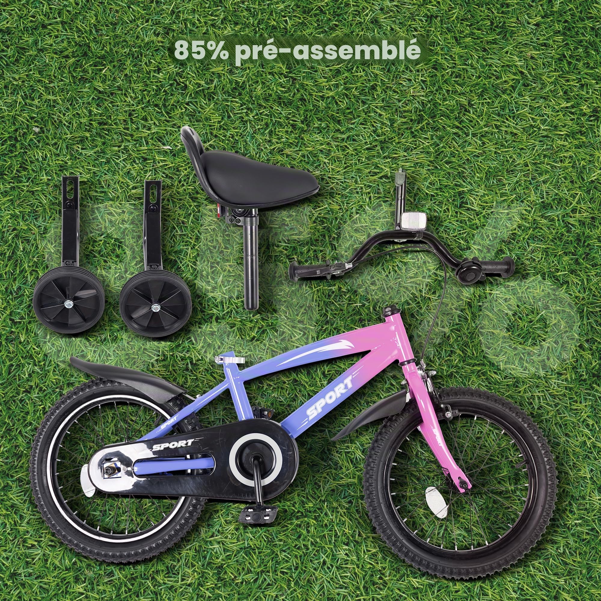 BODIOO Vélo enfant 14 pouces, vélo pour garçon et fille avec roues stabilisatrices, cadre stable, siège réglable, frein arrière et frein à main, adapté pour les cyclistes de 94 à 107 cm (dégradé