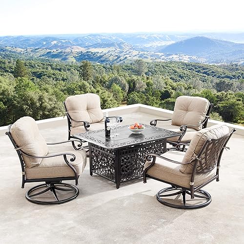 Oakland Living Aluminum 48 in. Rectangular Fire Table Set Four Deep Swivel Rockers, Fire Beads, Lid and Fabric Covers