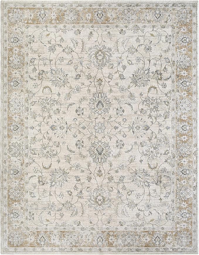 Kerem Boho Vintage Traditional Oushak Area Rug - Farmhouse Oriental Floral Damask Carpet for Living Room, Bedroom, Dining Room - Taupe, Beige, Olive; Blue 9' x 12'2"