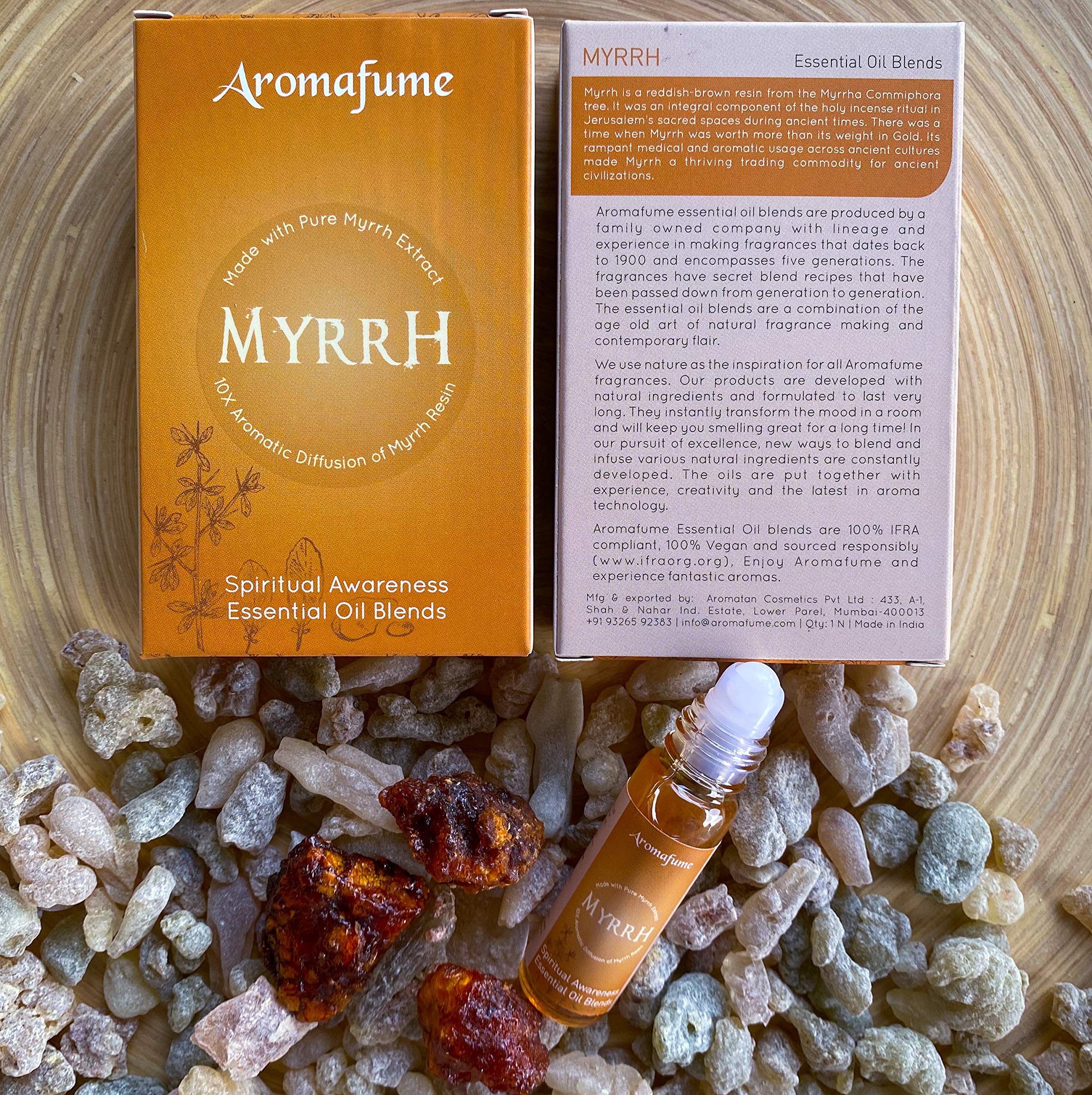 Myrrha Resin Essential Oil Roll-On Blend by Aromafume | 1 x 10ml / 1 x 0.33 Fl Oz | Made with Commiphora Myrrha, Native to East Africa | for Meditation, Spiritual Awakening, Prayer and Wellness