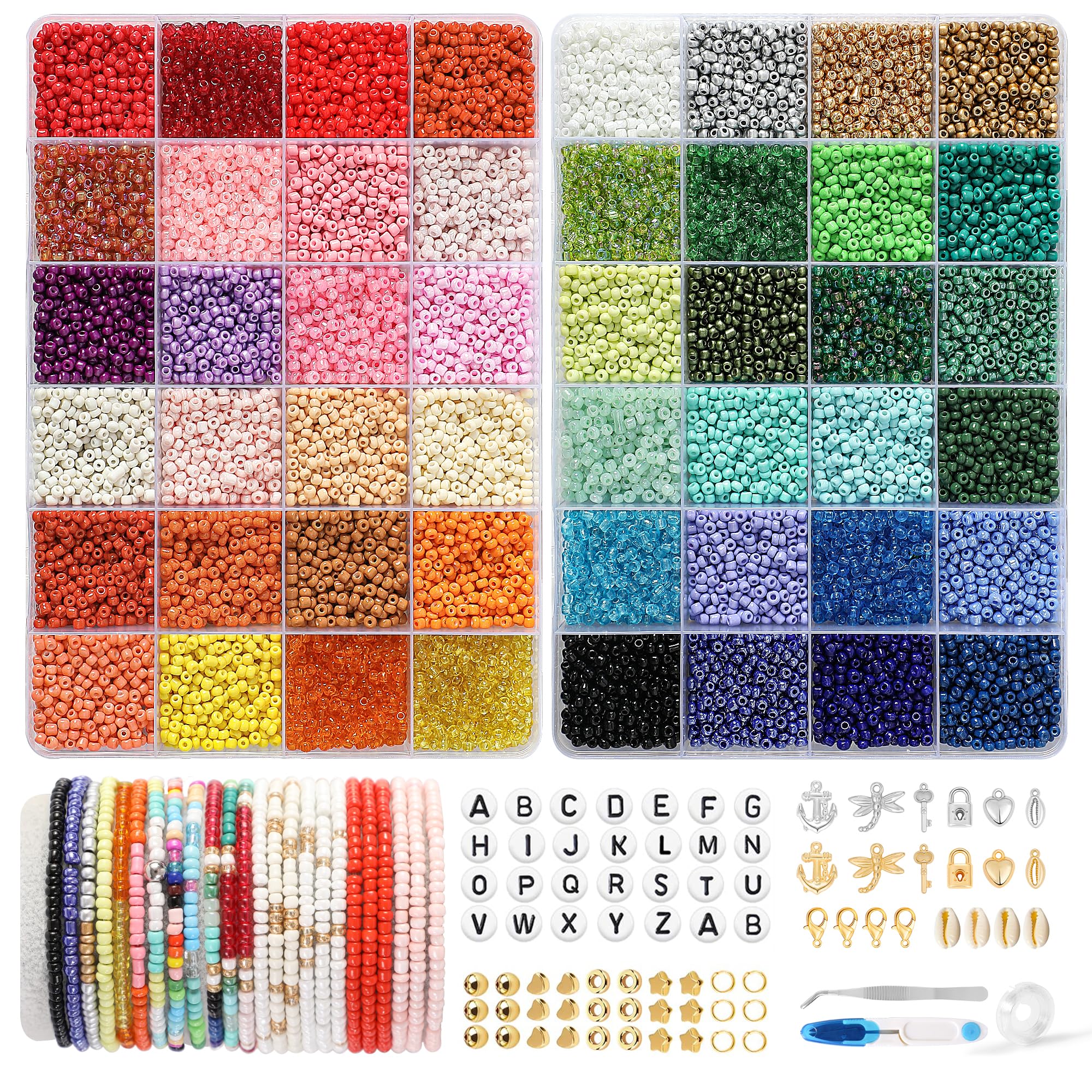 FEHCBIO Selber Machen Perlen für armbänder Perlen Set 3mm,16000 Stück 48 Farbe Matte Glasperlen mit Buchstaben Perlen zum Auffädeln, Geschenkidee für Weihnachten Feiertage Geburtstage Belohnungen