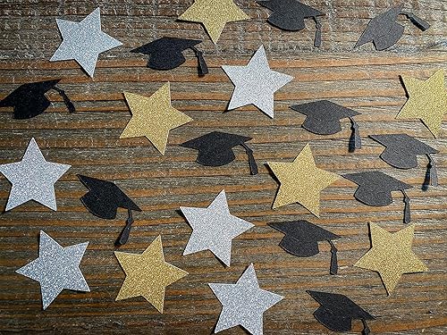 Silver and Gold Stars and Black Graduation Cap Graduation Party Confetti