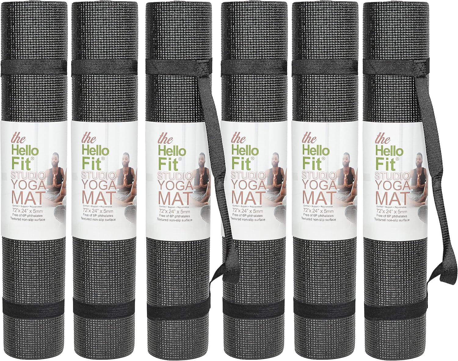 Hello Fit Studio Thick Yoga Mat With Carrying Strap, 6 or 12 Pack, 72" x 24" Wide 5mm Thick Exercise Mat, Bulk Yoga Mats for Schools, Studios, or Gyms, Non Slip Fitness Mat Black