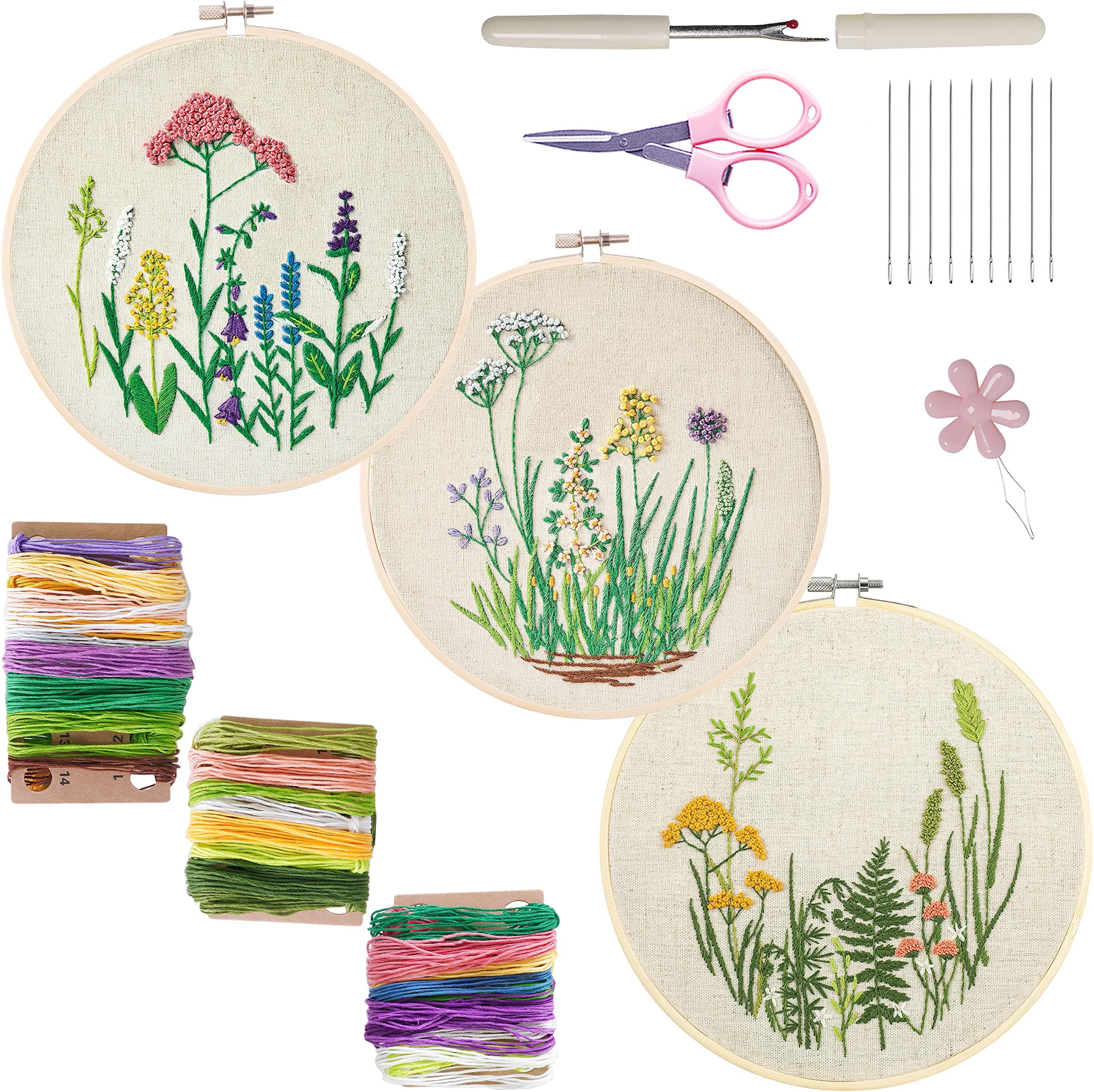 BonroyEmbroidery Kit for Beginners, 3 Sets Embroidery Kit for Craft Lover Handy Stitch with Embroidery Fabric with Pattern,Full Range Accessories