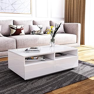 BESTWANTED Coffee Table, Coffee Table with Storage, White Gloss Coffee Table for Living Room Rectangle Centre Table with 4 Drawers and 4 Open Shelves Home Office Furniture