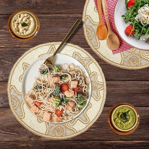 Miniatura 3 de Mantel individual redondo hecho a mano con cuentas de marfil plateado de 13 pulgadas, elegante cargador elegante, hermoso tapete decorativo para