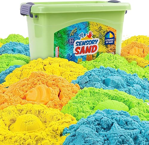 Sensory Sand Tamaño a granel de 8 libras, multicolor con azul, naranja, verde y amarillo, arena de juego sensorial en contenedor