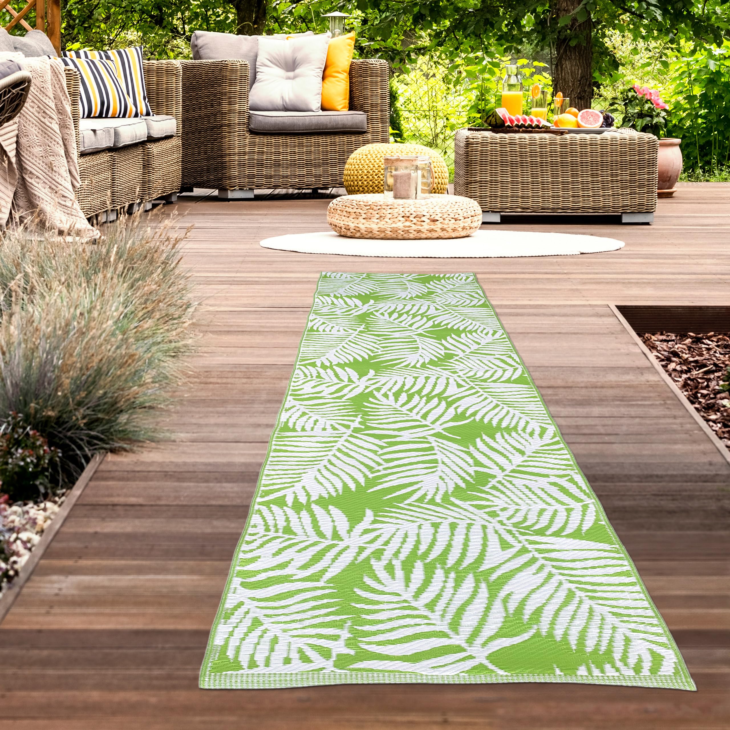 CARPETIA Outdoor Teppich Palmen-Design Grün Weiß UV-beständig 90x300 cm