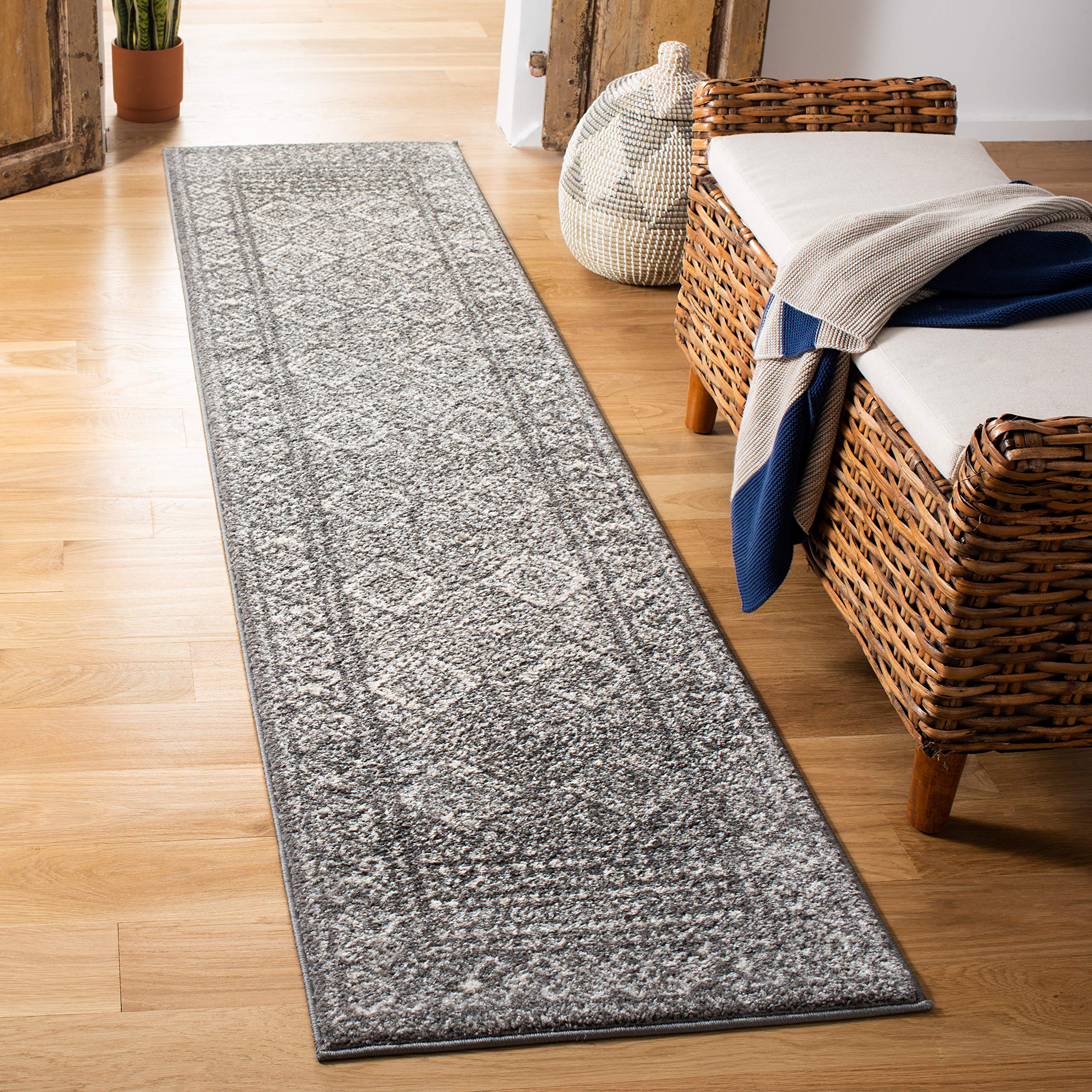 SAFAVIEH Tulum Collection Runner Rug - 2' x 7', Dark Grey & Ivory, Moroccan Boho Distressed Design, Non-Shedding & Easy Care, Ideal for High Traffic Areas in Living Room, Bedroom (TUL264F)
